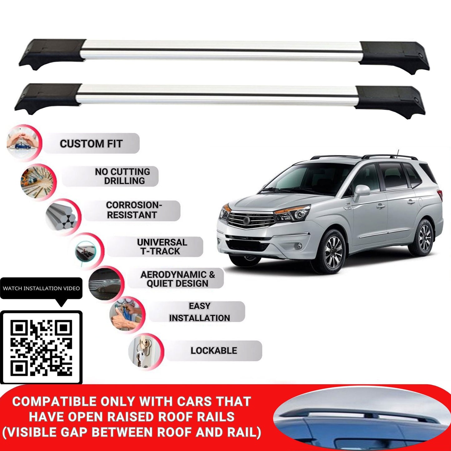 Roof Rack Cross Bars for Ssangyong Rodius 2013-2018 Lockable Roof Bars 2 Pcs Grey