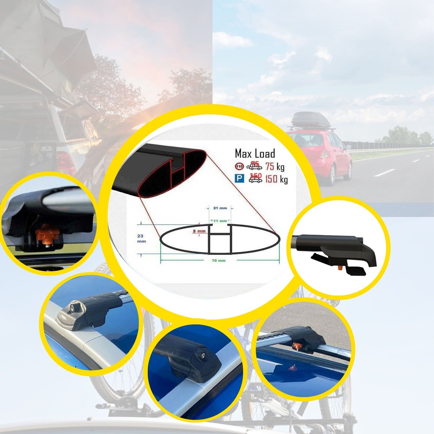 Roof Bar for Hyundai i30 2007-2011 Lockable Roof Rack Cross Bars 2 Pcs Black