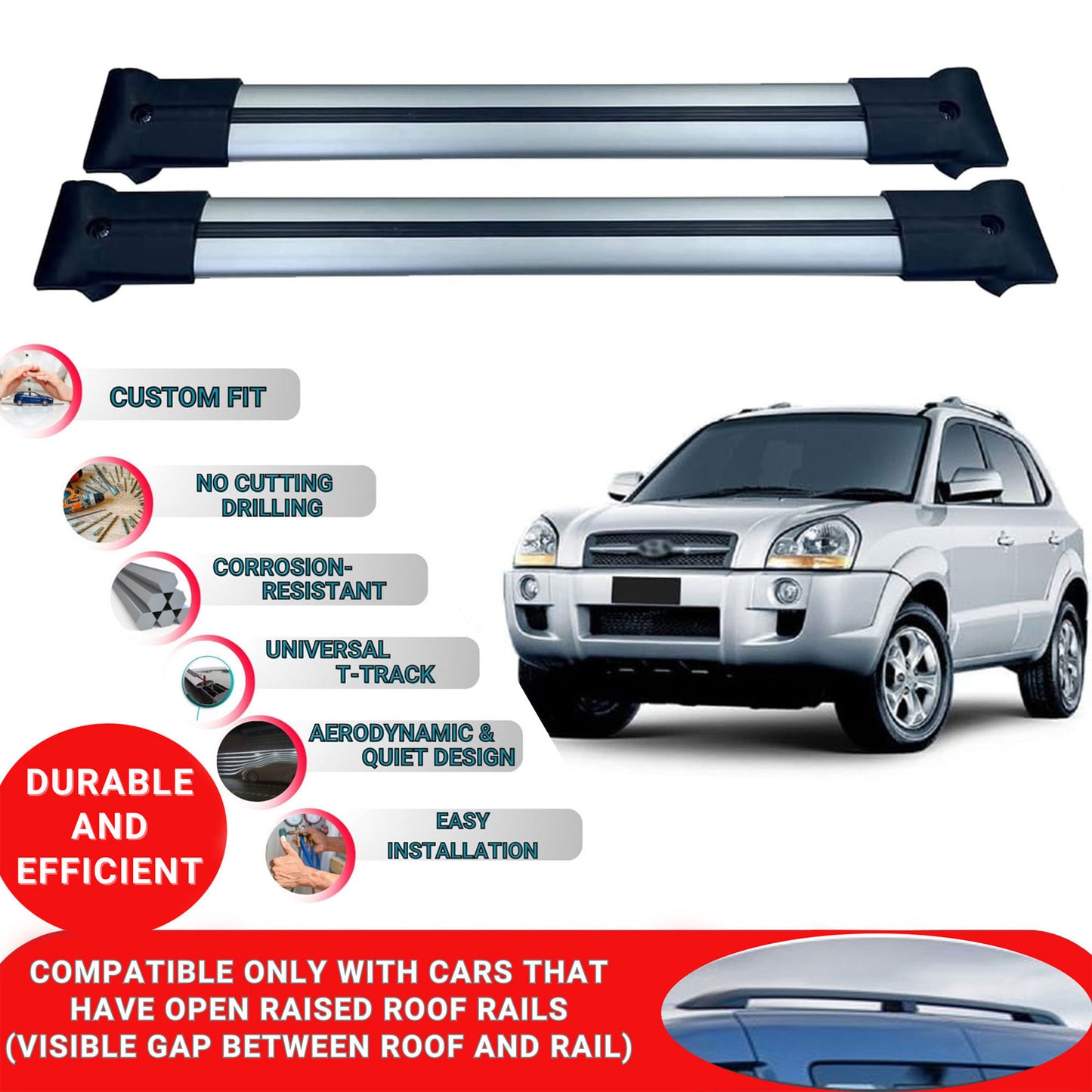 Roof Racks Cross Bars For Hyundai Tucson 2004-2009 2 Pcs Grey