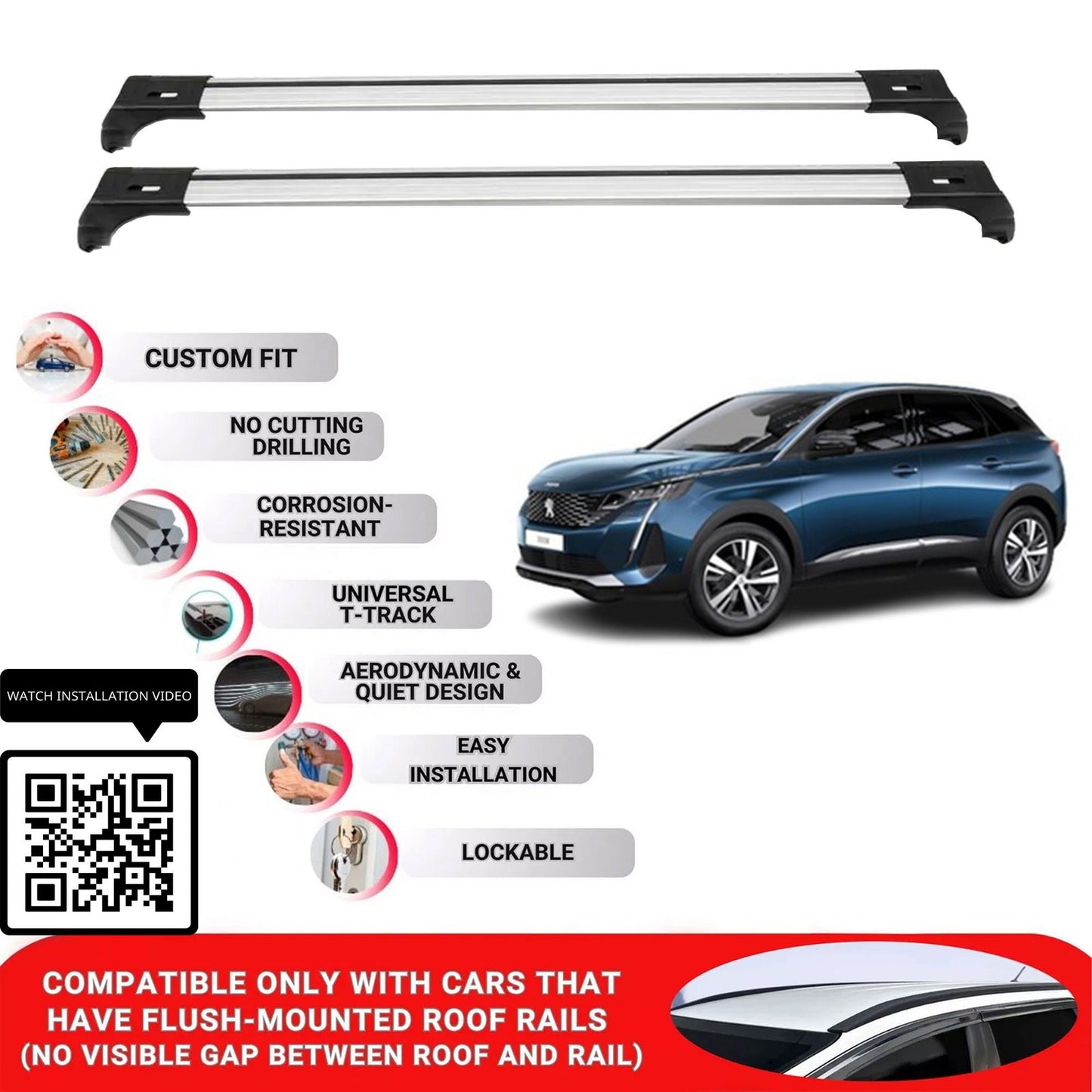 Roof Bars for Peugeot 3008 2017+ Lockable Roof Rack Cross Bars 2 Pcs Grey