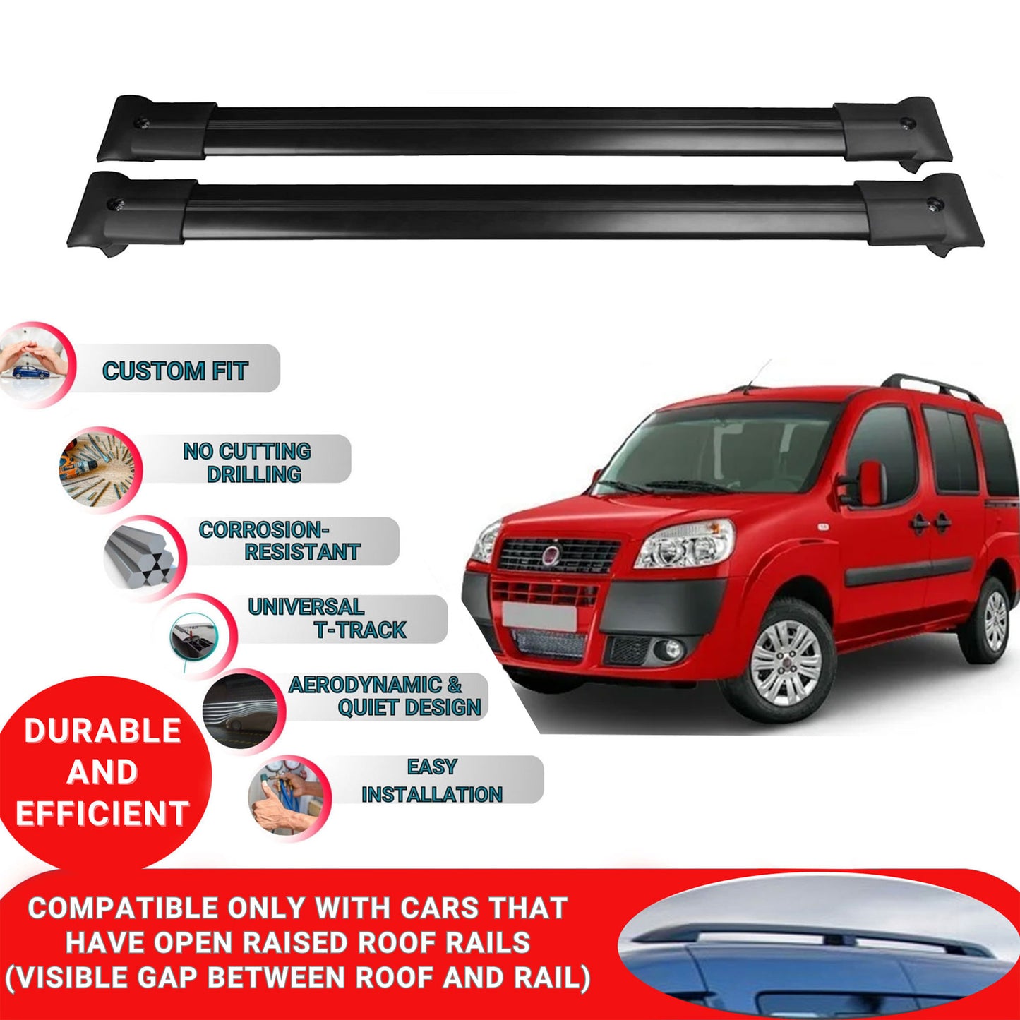 Roof Racks Cross Bars For Fiat Doblo 2000-2009 2 Pcs Black