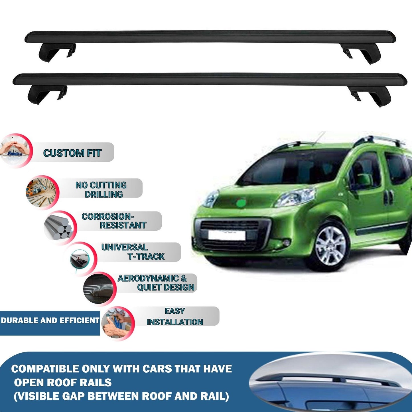 Roof Rack Cross Bars for Fiat Qubo 5D 2008-2023 Rail Carrier for Roof Tents 2 Pcs Black