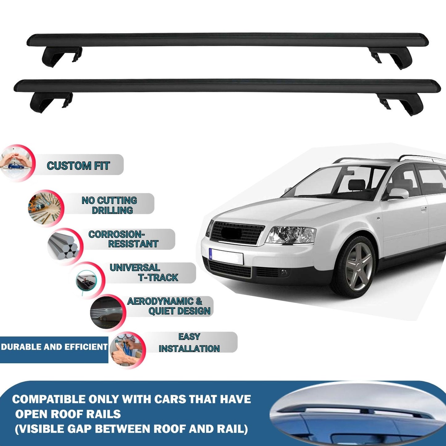 Roof Rack Cross Bars for Audi A6 Avant/Sw C5 1998-2004 Rail Carrier for Roof Tents 2 Pcs Black