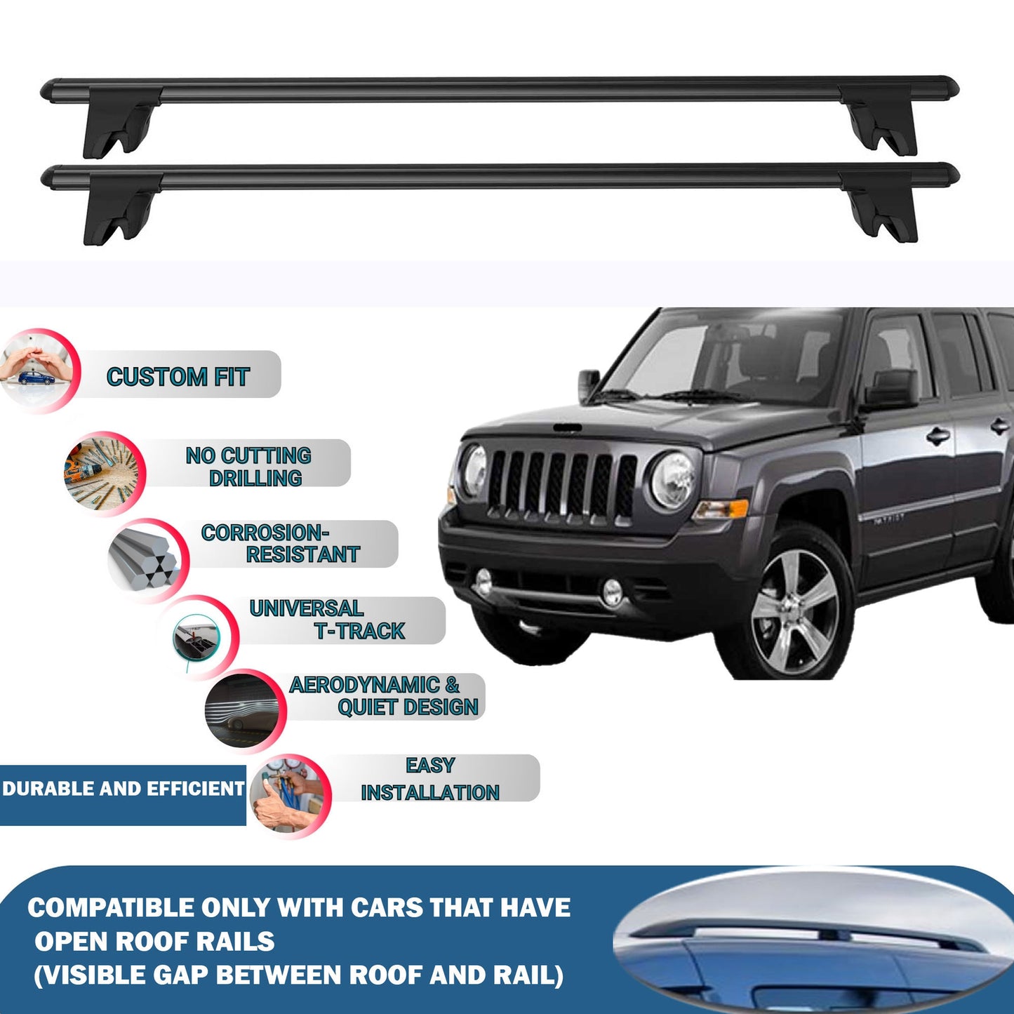 Lockable Roof Rack Cross Bars for Jeep Patriot 2007-2017 | Heavy Duty Rail Carrier 2 Pcs Black