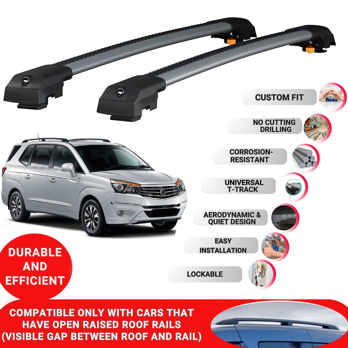 Roof Bar for Ssangyong Stavic 2013-2019 Lockable Roof Rack Cross Bars 2 Pcs Grey