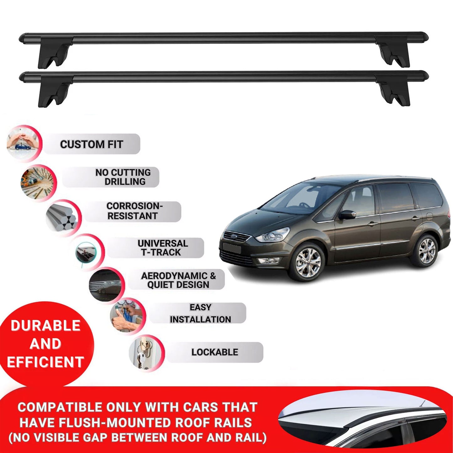 Premium Roof Bars for Ford Galaxy2015-2023 Lockable Roof Rack Cross Bars 2 Pcs Black