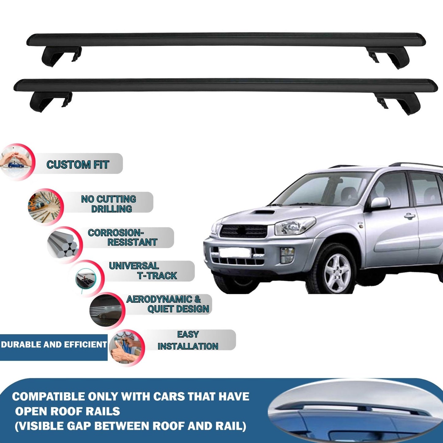 Roof Rack Cross Bars for Toyota Rav4 XA 2000-2005 Rail Carrier for Roof Tents 2 Pcs Black