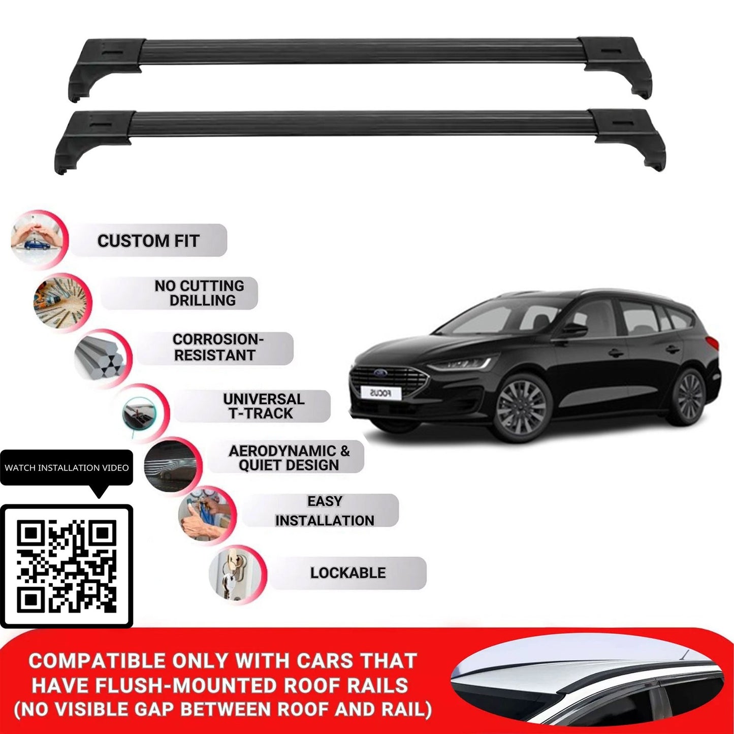 Roof Bars for Ford Focus 2019+ Lockable Roof Rack Cross Bars 2 Pcs Black