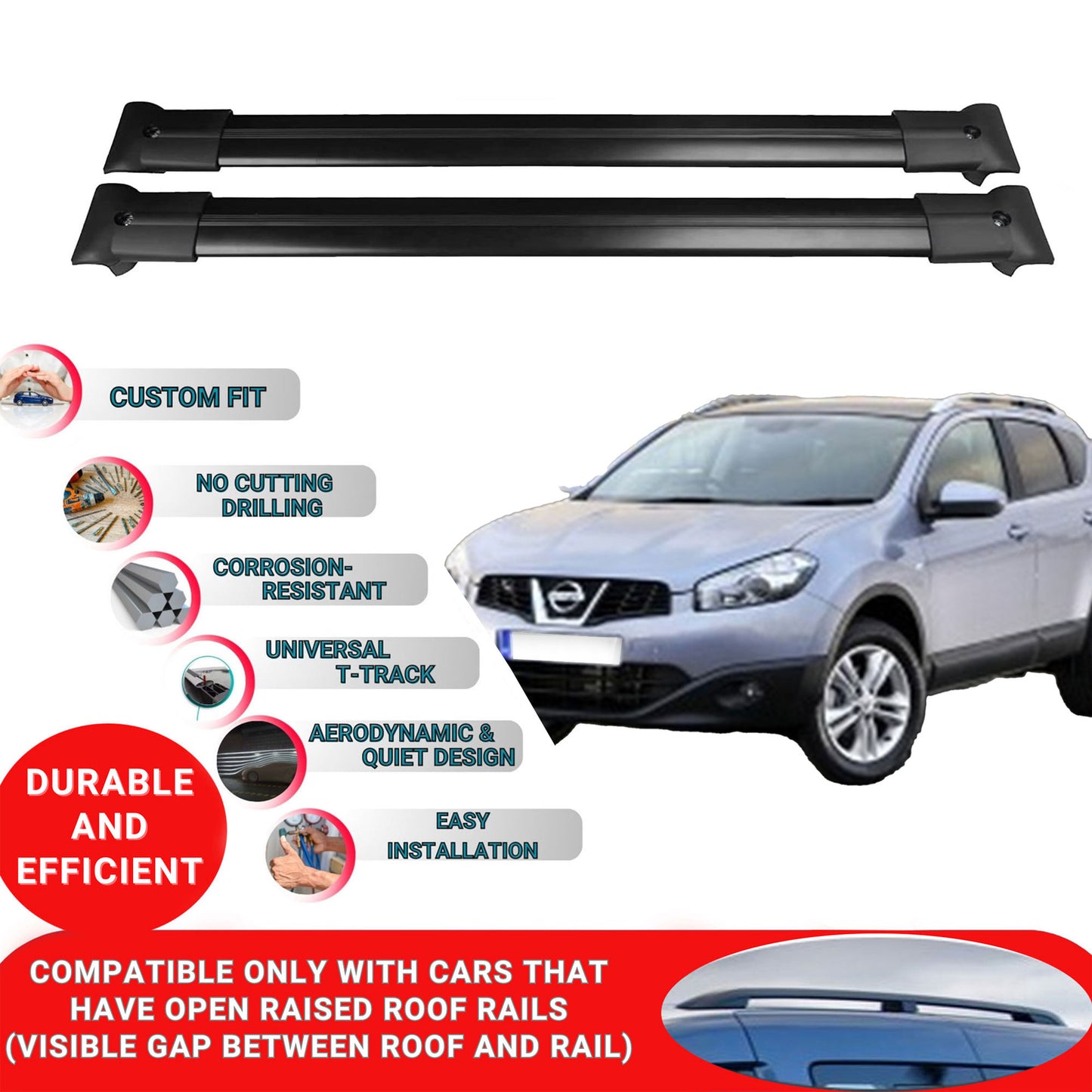 Roof Racks Cross Bars For Nissan Qashqai 2006-2013 2 Pcs Black