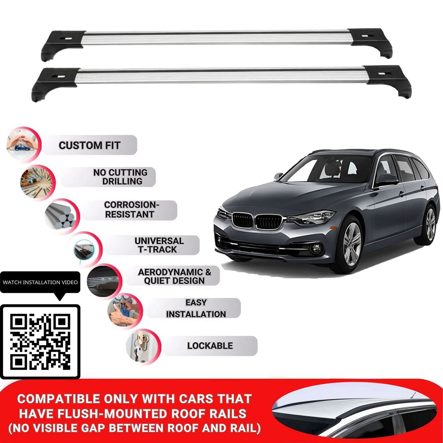 Roof Bars for Bmw 3 Series Touring F31 2012-2019; Roof Rack Cross Bars 2 Pcs Grey