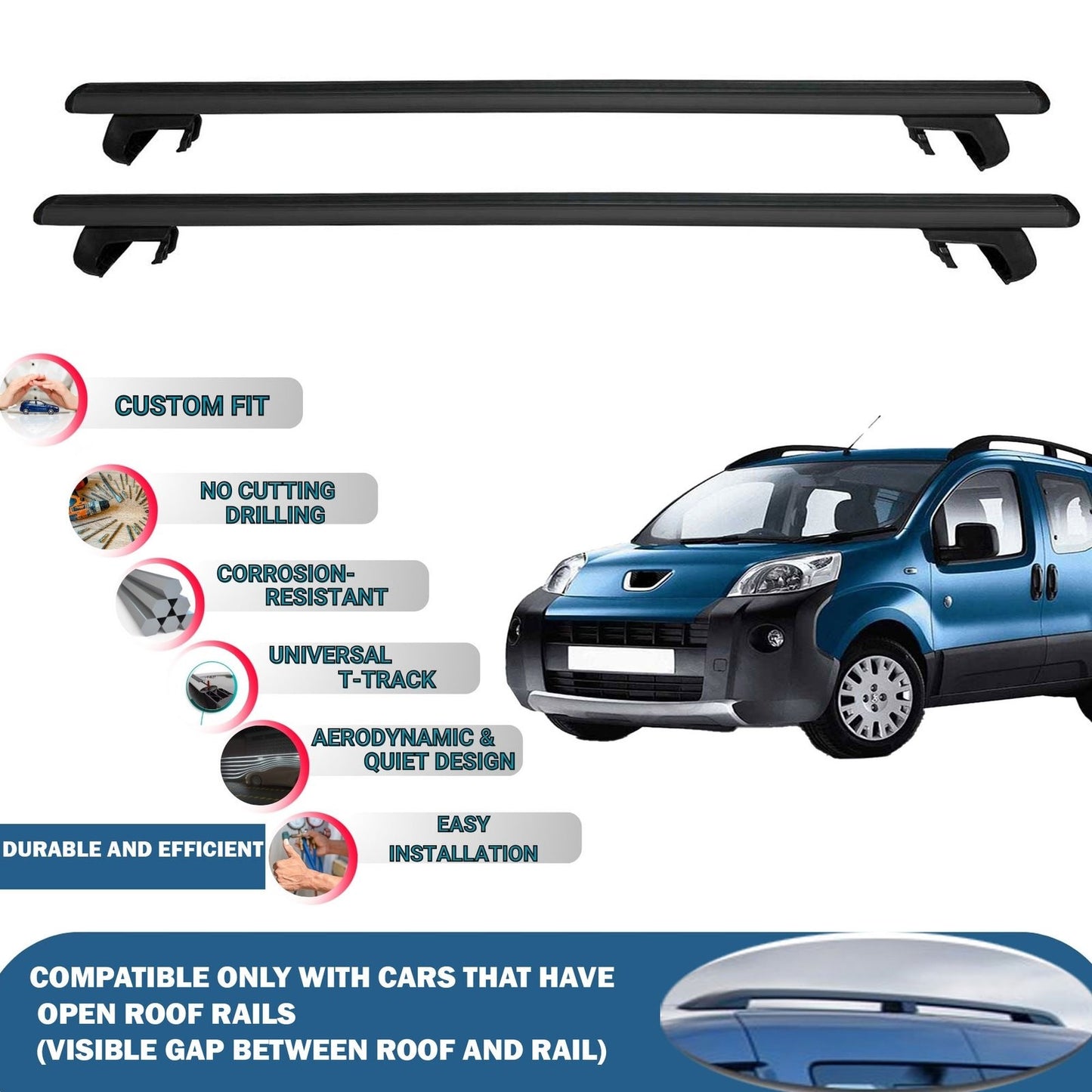 Roof Rack Cross Bars for Peugeot Bipper 2008-2017 Rail Carrier for Roof Tents 2 Pcs Black