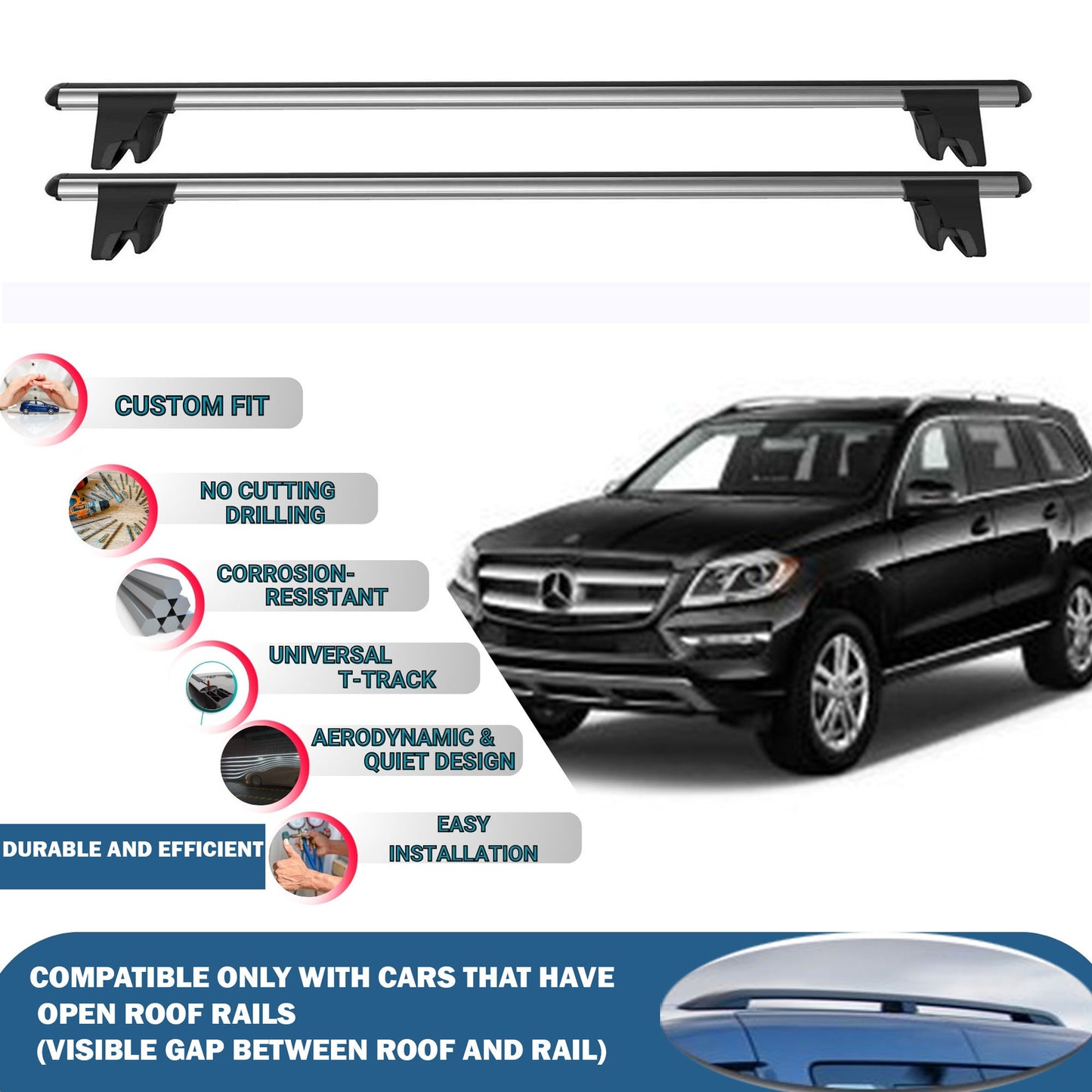 Lockable Roof Rack Cross Bars for Mercedes Gl-Class X166 2013-2016 | Heavy Duty Rail Carrier 2 Pcs Grey
