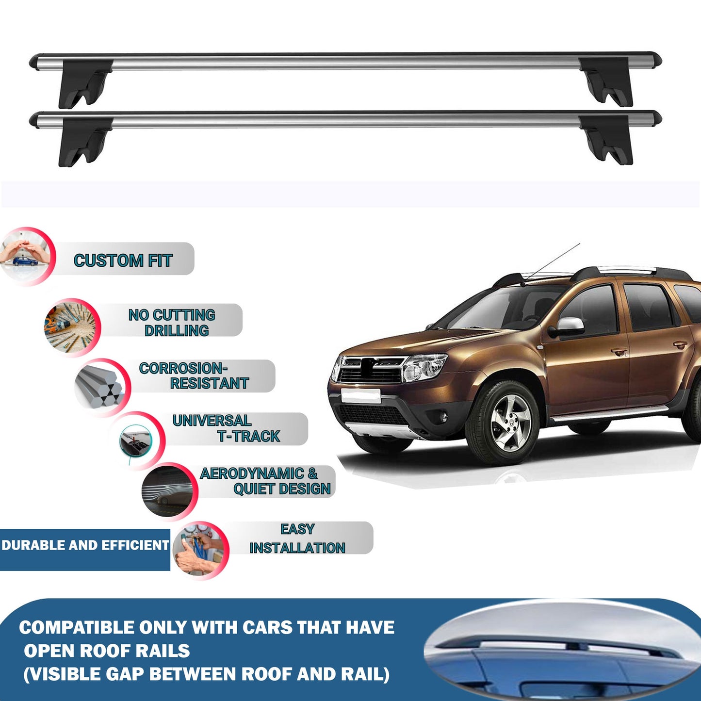 Lockable Roof Rack Cross Bars for Dacia Duster Hs 2010-2013 | Heavy Duty Rail Carrier 2 Pcs Grey