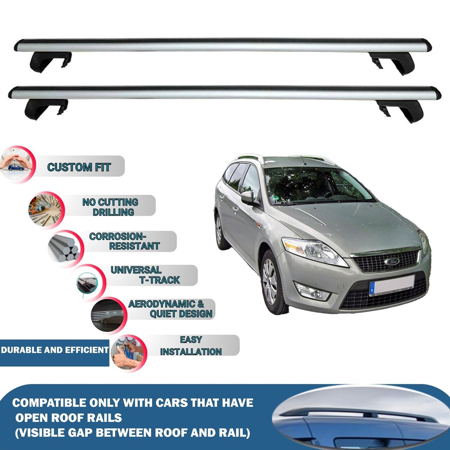 Roof Rack Cross Bars for Ford Mondeo Sw 2007-2014 Rail Carrier for Roof Tents 2 Pcs Grey
