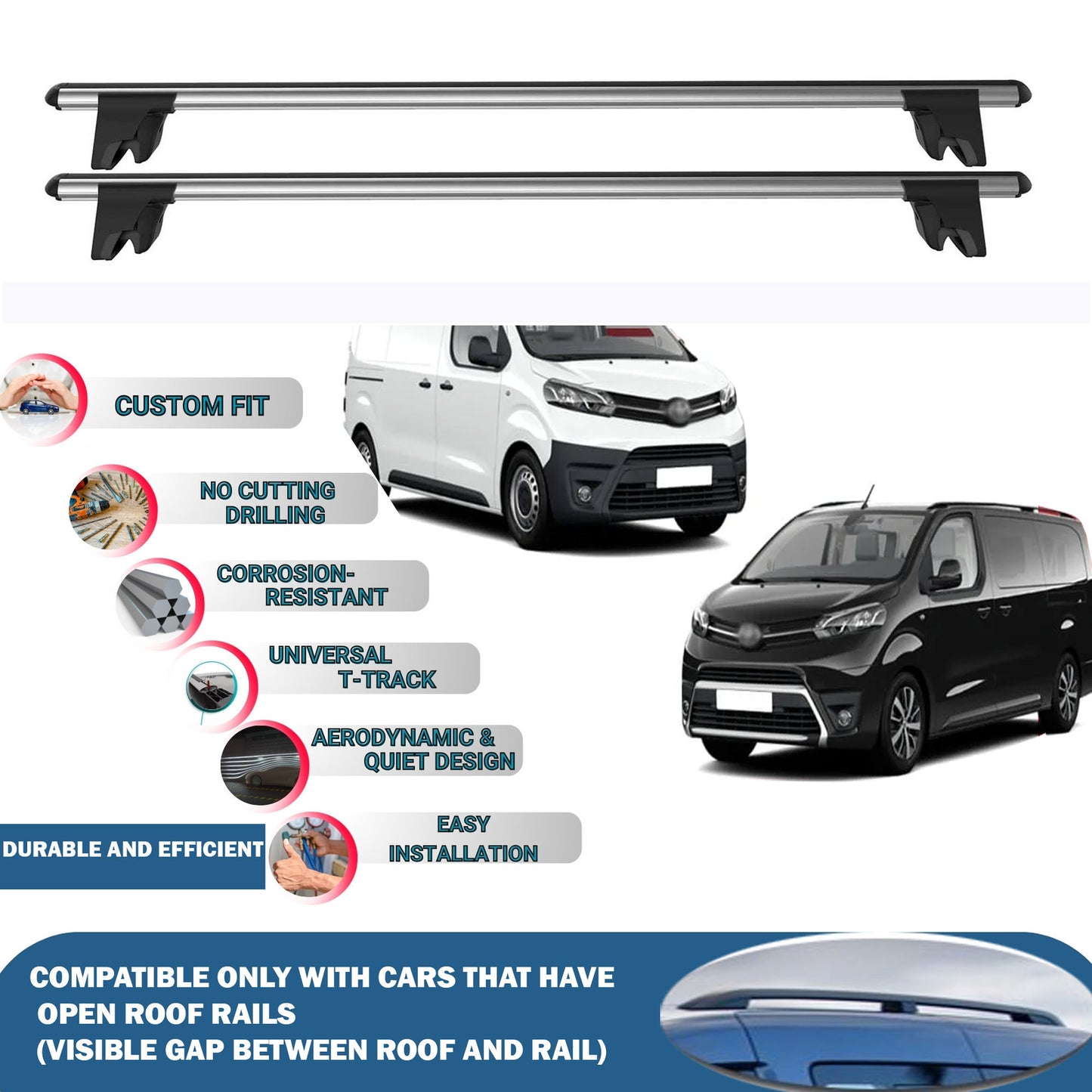 Lockable Roof Rack Cross Bars for Toyota Proace/Verso 2016-2024 | Heavy Duty Rail Carrier 2 Pcs Grey