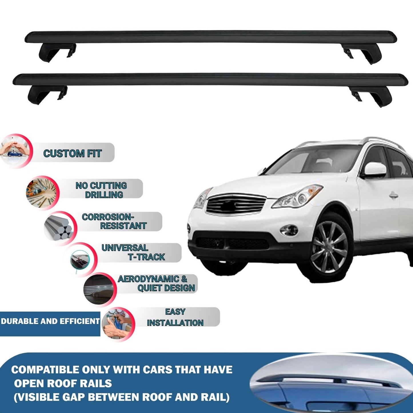 Roof Rack Cross Bars for Infiniti Qx 2013-2017 Rail Carrier for Roof Tents 2 Pcs Black