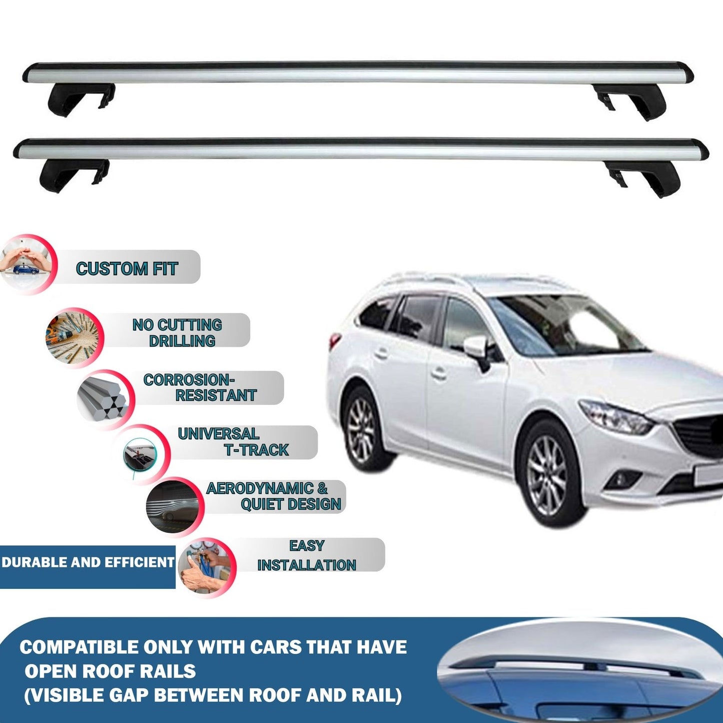 Roof Rack Cross Bars for Mazda 6 Gj1/Gl Estate 2014-2021 Rail Carrier for Roof Tents 2 Pcs Grey