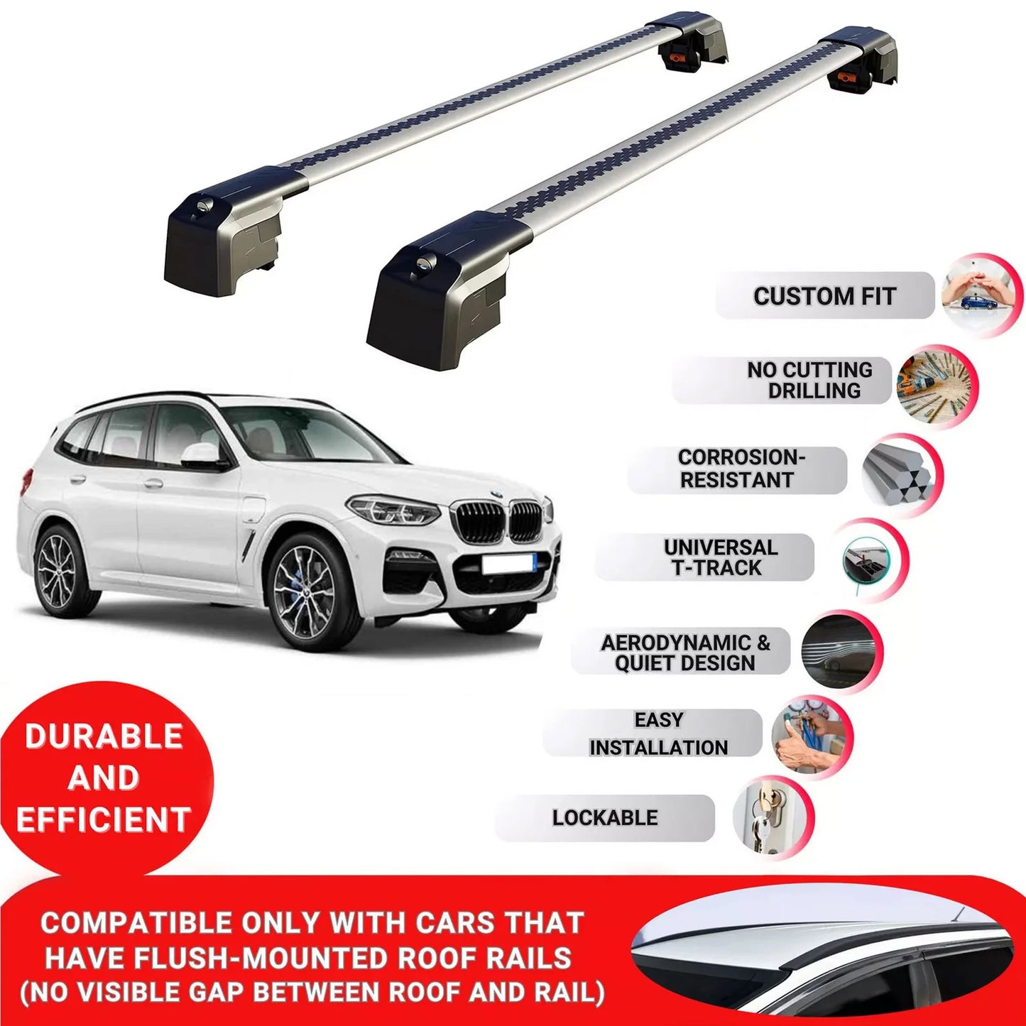 Roof Bars Rack for Bmw X3 G01 2018+ Lockable Rail Carrier 2 Pcs Grey