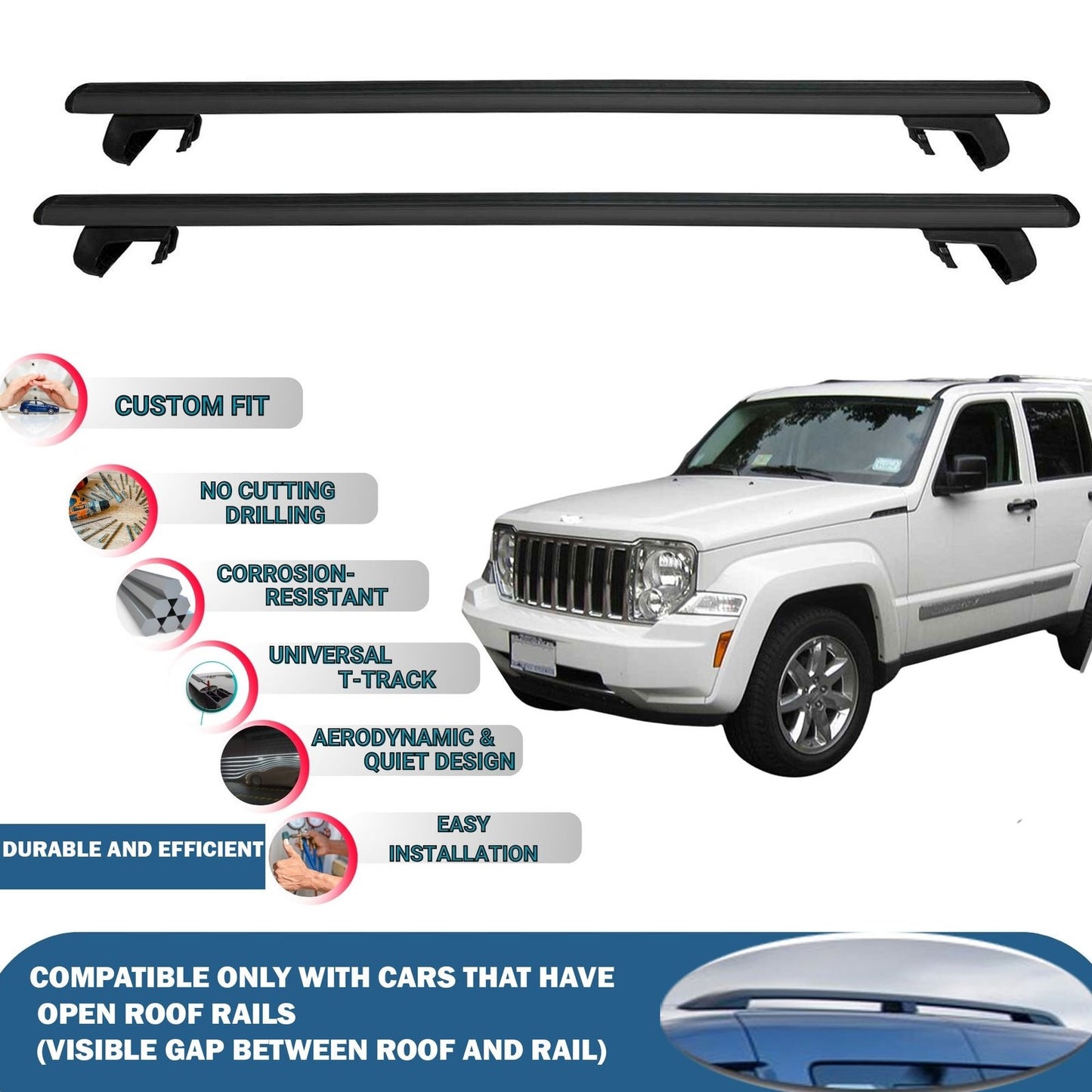 Roof Rack Cross Bars for Jeep Liberty KK 2008-2012 Rail Carrier for Roof Tents 2 Pcs Black