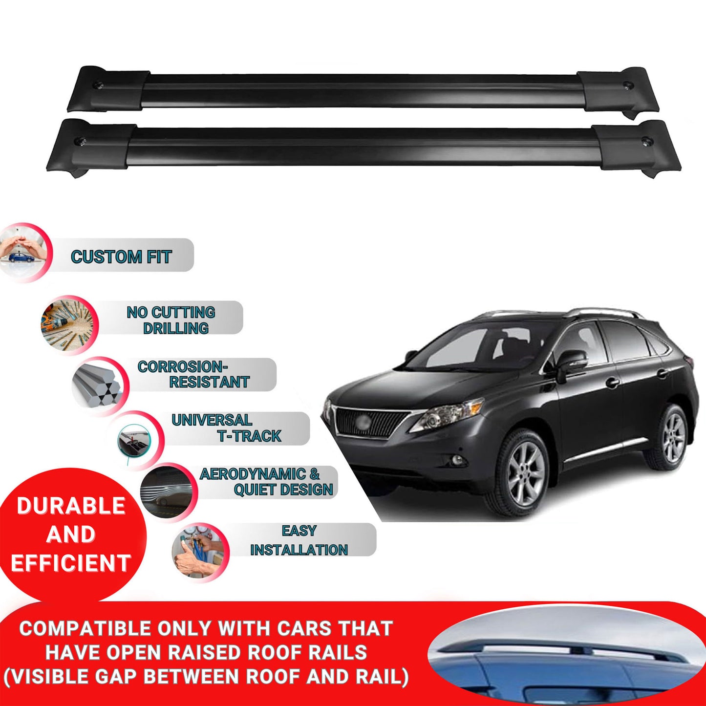 Roof Racks Cross Bars For Lexus Rx350-2/Rx350 3 Suv 2008-2015 2 Pcs Black