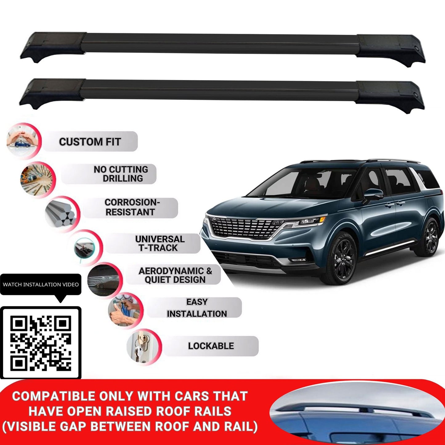 Roof Rack Cross Bars for Kia Carnival Mpv 2021-2025 Lockable Roof Bars 2 Pcs Black