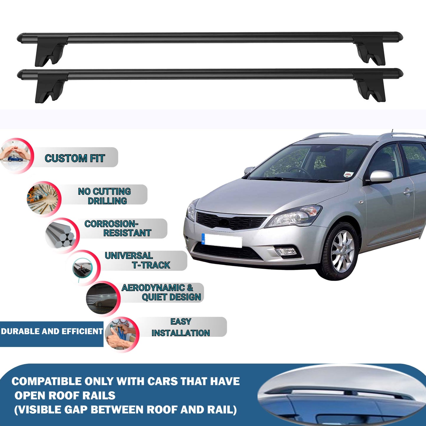 Lockable Roof Rack Cross Bars for Kia Cee'D/Ceed Estate Sw 5D 2006-2012 | Heavy Duty Rail Carrier 2 Pcs Black