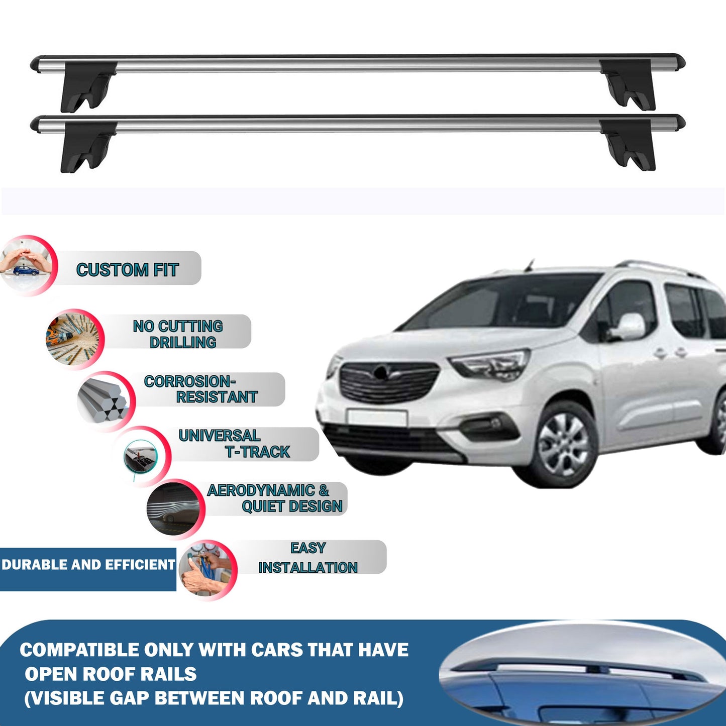 Lockable Roof Rack Cross Bars for Opel Combo E 2019-2023 | Heavy Duty Rail Carrier 2 Pcs Grey