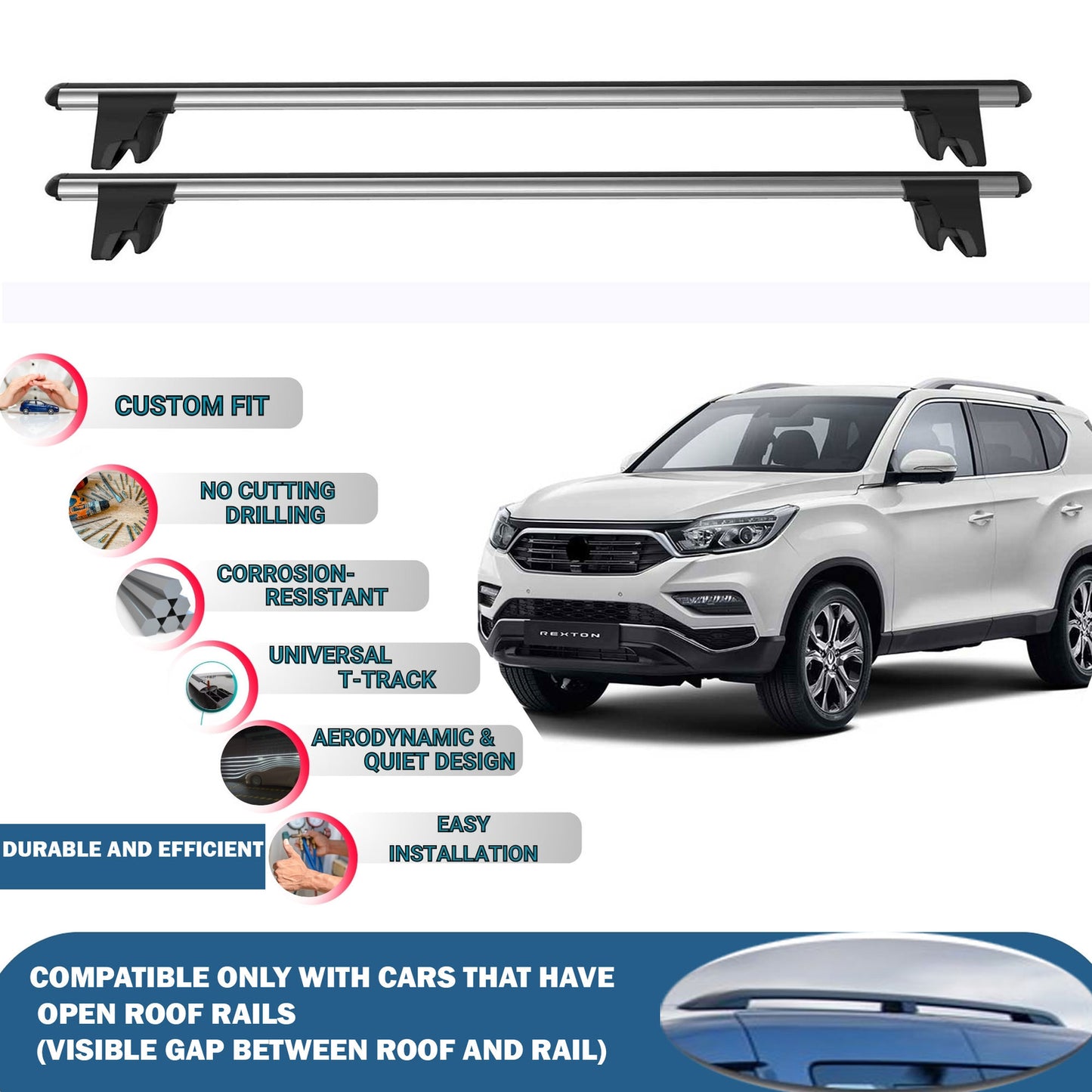 Lockable Roof Rack Cross Bars for Ssangyong Rexton 2017-2023 | Heavy Duty Rail Carrier 2 Pcs Grey