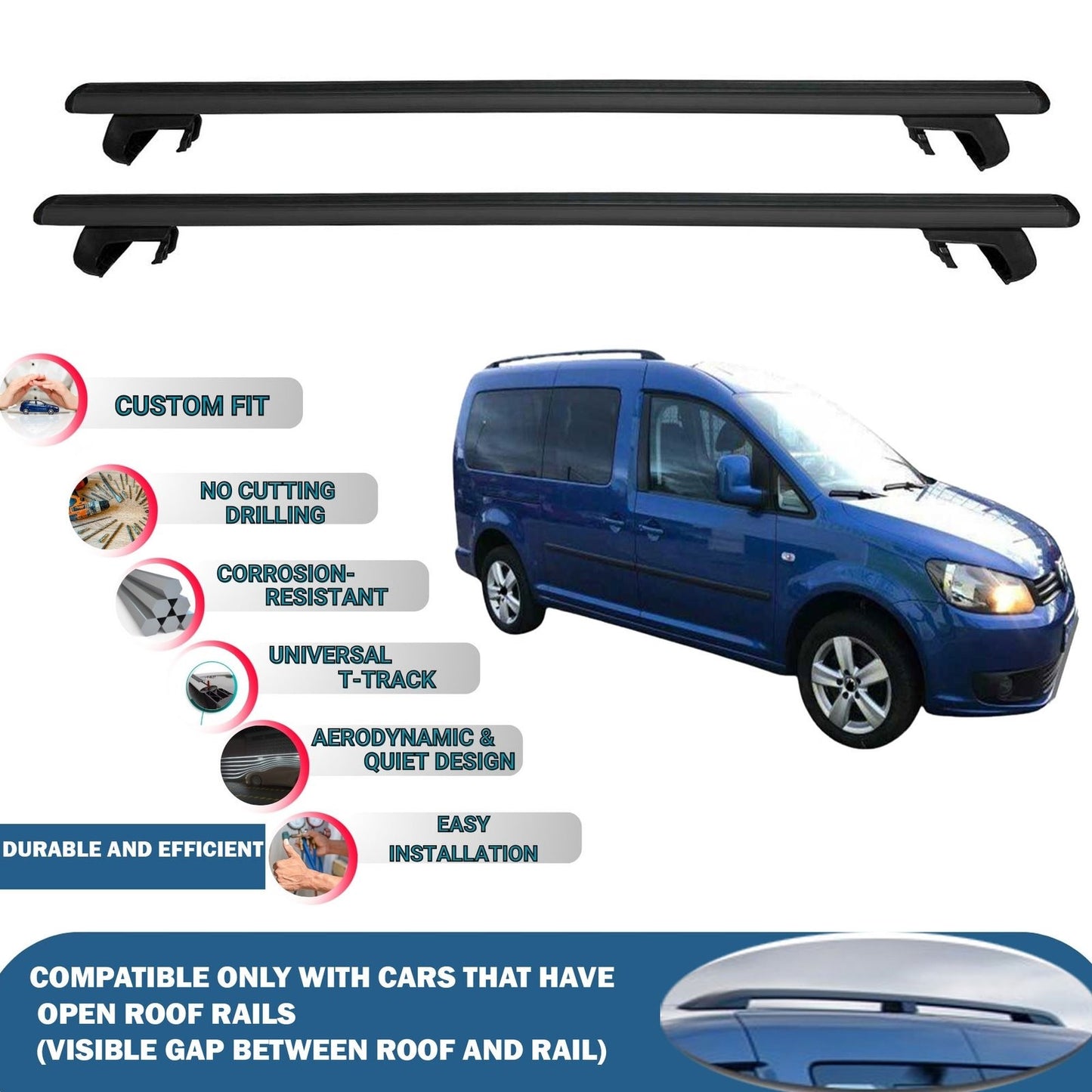 Roof Rack Cross Bars for Volkswagen Caddy Maxi 2007-2015 Rail Carrier for Roof Tents 2 Pcs Black