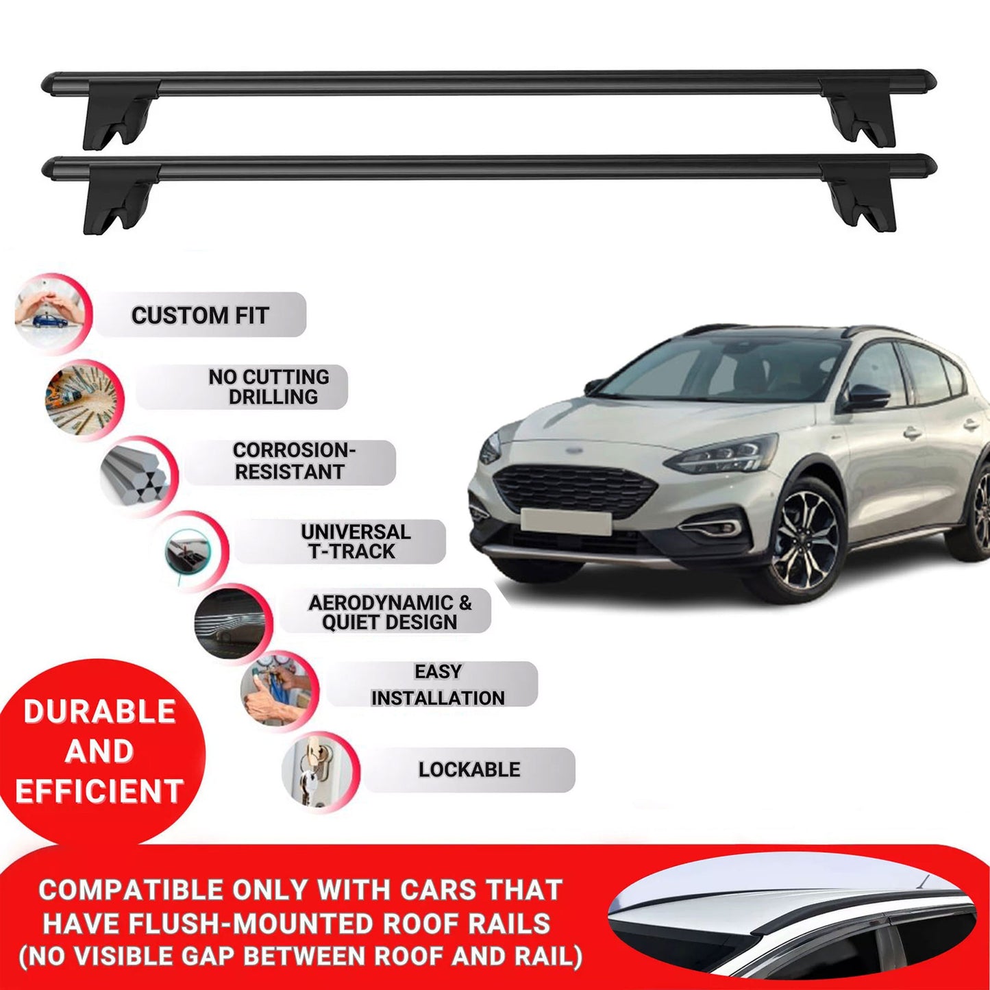 Premium Roof Bars for Ford Focus 2019-2023 Lockable Roof Rack Cross Bars 2 Pcs Black