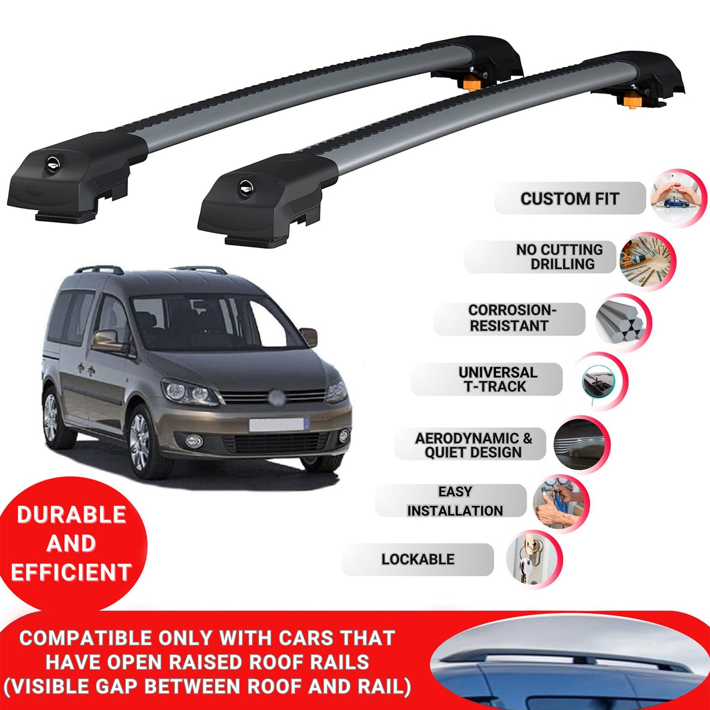 Roof Bar for Vw Caddy 2004-2015 Lockable Roof Rack Cross Bars 2 Pcs Grey