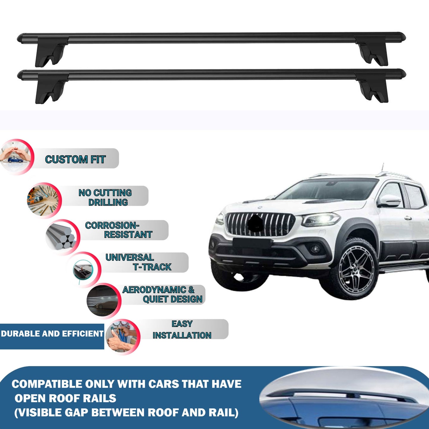 Lockable Roof Rack Cross Bars for Mercedes X-Class 2017-2020 | Heavy Duty Rail Carrier 2 Pcs Black