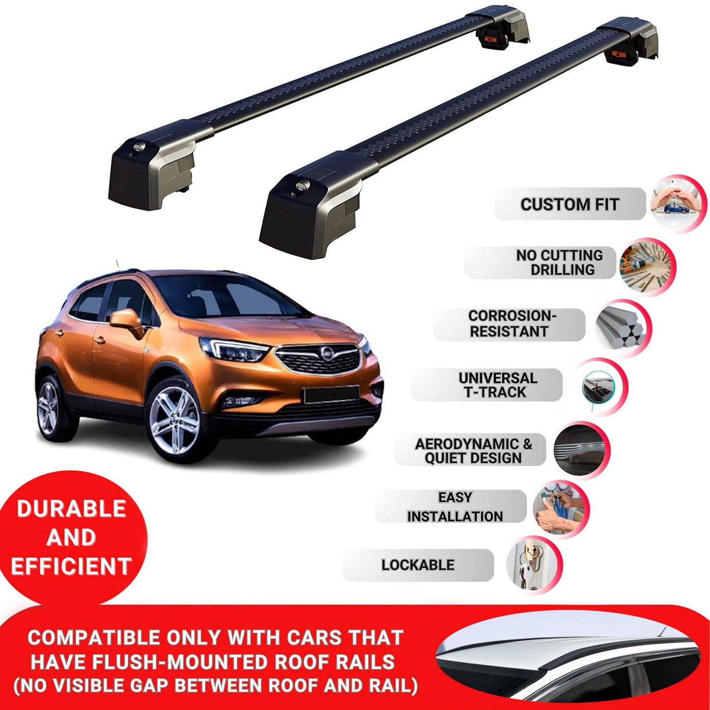 Roof Bars Rack for Opel Mokka X 2016-2020 Lockable Rail Carrier 2 Pcs Black