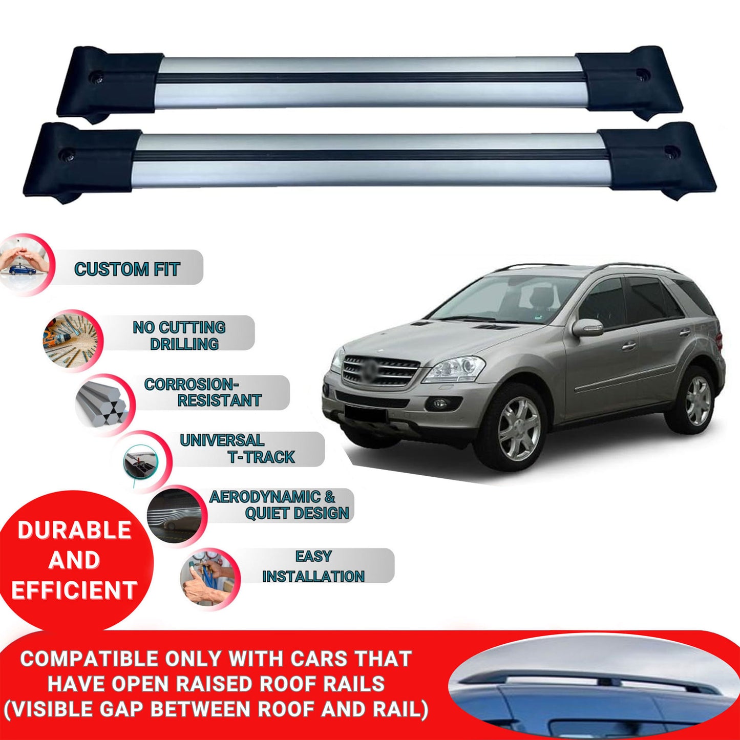 Roof Racks Cross Bars For Mercedes W164 Suv 2005-2011 2 Pcs Grey