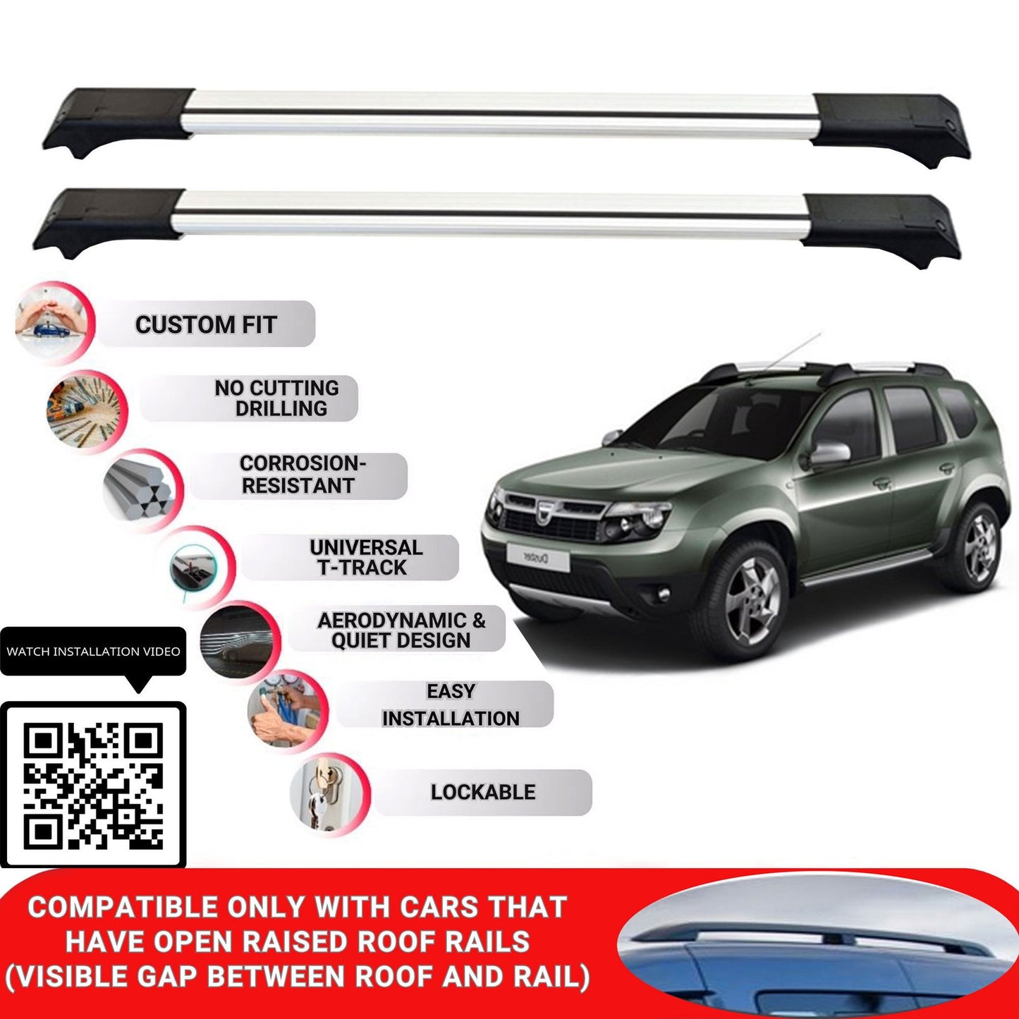 Roof Rack Cross Bars for Dacia Duster 2010-2014 Lockable Roof Bars 2 Pcs Grey