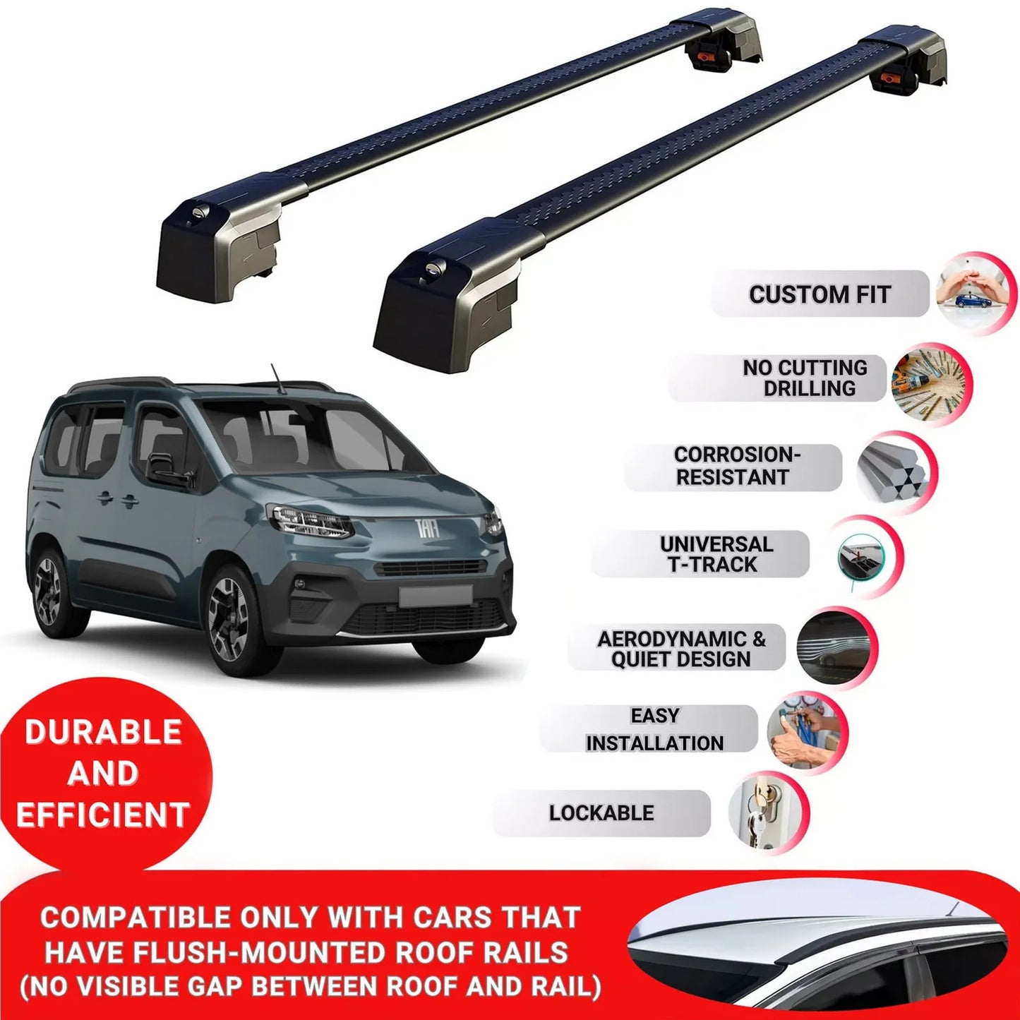 Roof Bars Rack for Fiat Doblo 2024+ Lockable Rail Carrier 2 Pcs Black