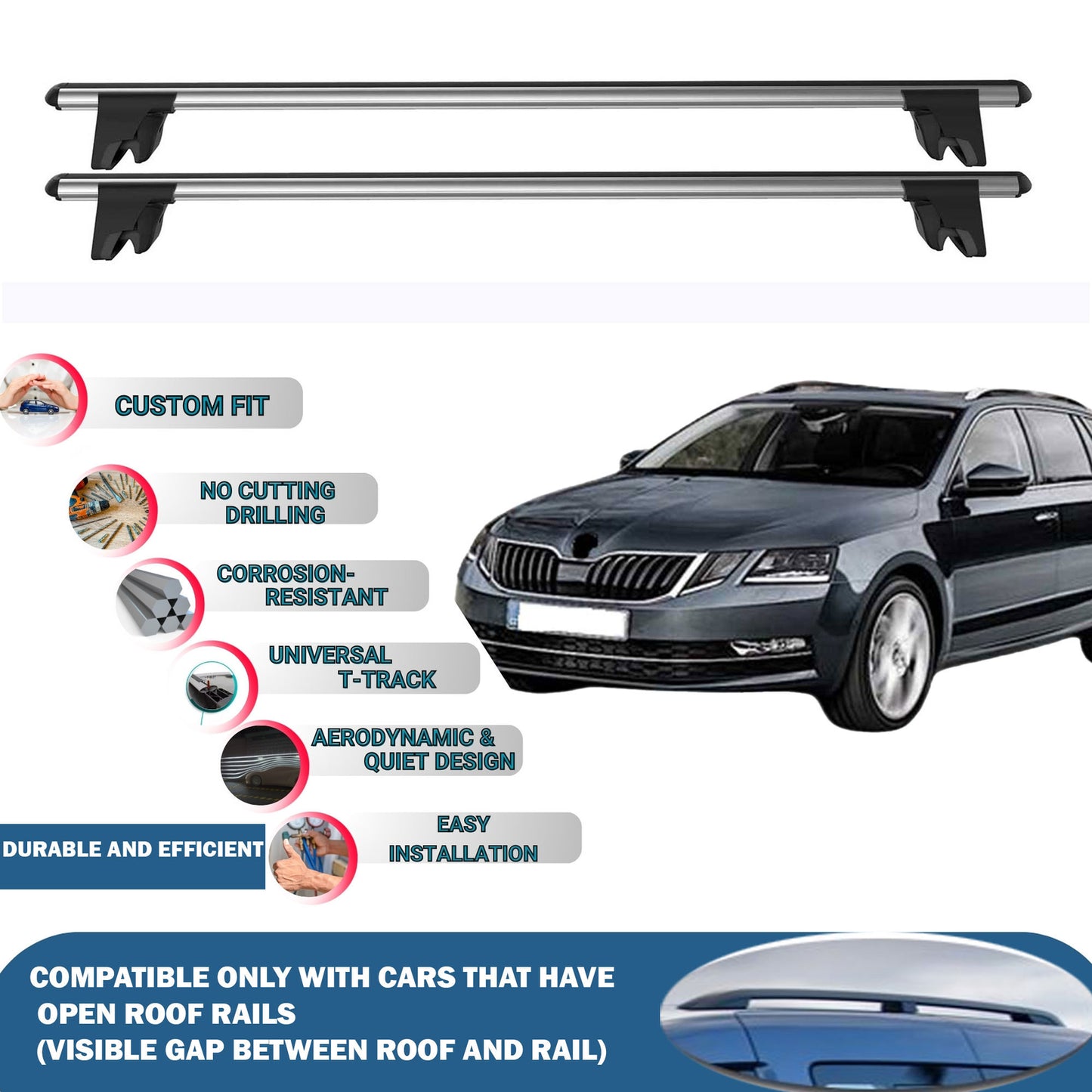 Lockable Roof Rack Cross Bars for Skoda Octavia Wagon 2013-2018 | Heavy Duty Rail Carrier 2 Pcs Grey