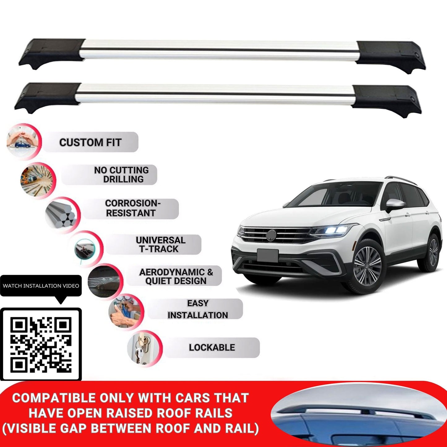 Roof Rack Cross Bars for Vw Tiguan 2024+ Lockable Roof Bars 2 Pcs Grey