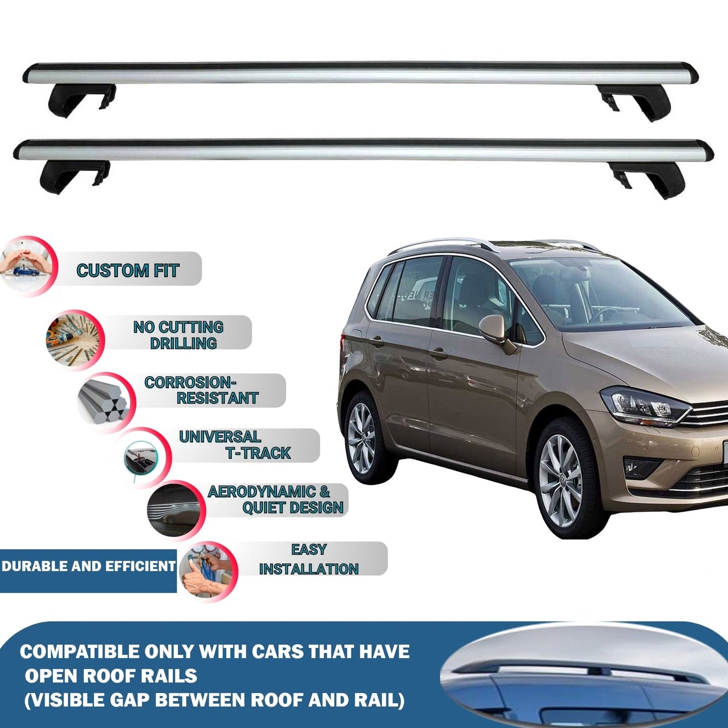 Roof Rack Cross Bars for Volkswagen Golf 7 Sportsvan 2014-2021 Rail Carrier for Roof Tents 2 Pcs Grey