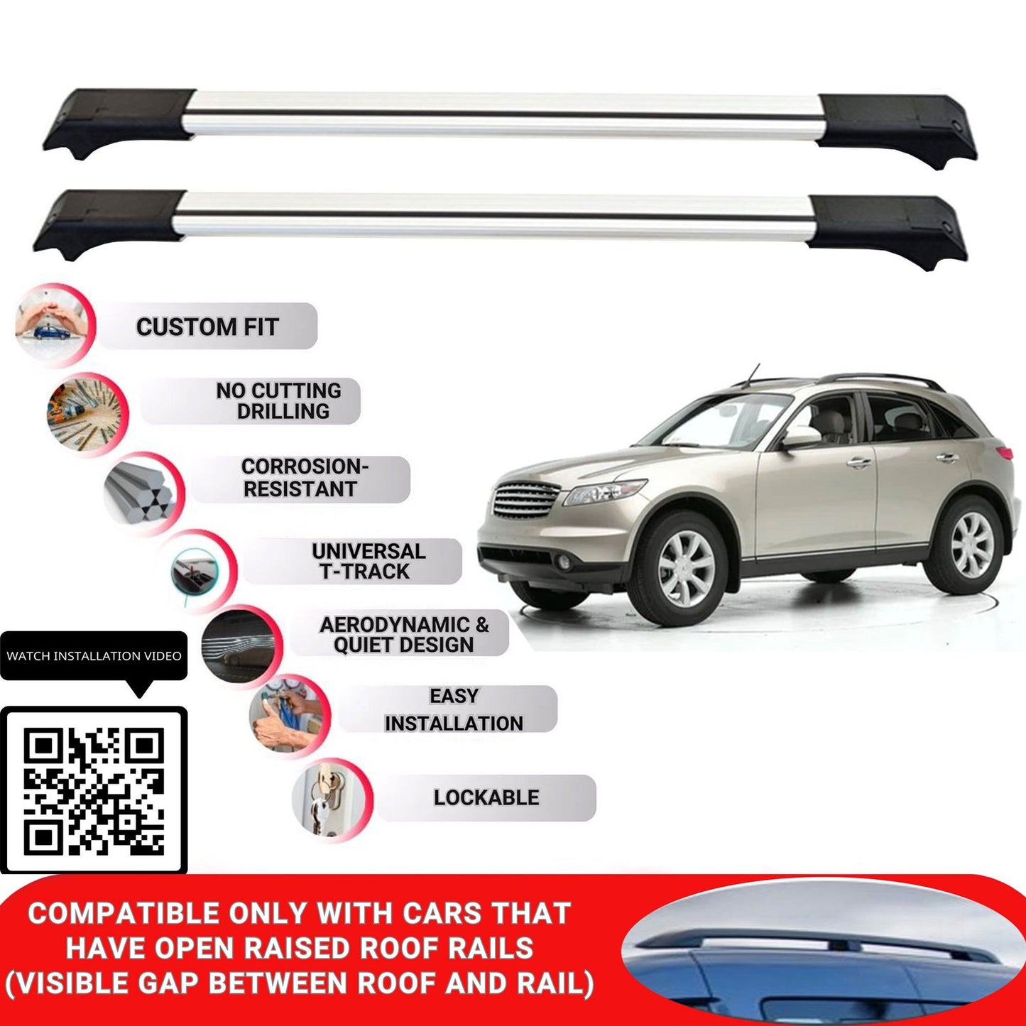 Roof Rack Cross Bars for Infiniti Fx 2004-2013 Lockable Roof Bars 2 Pcs Grey