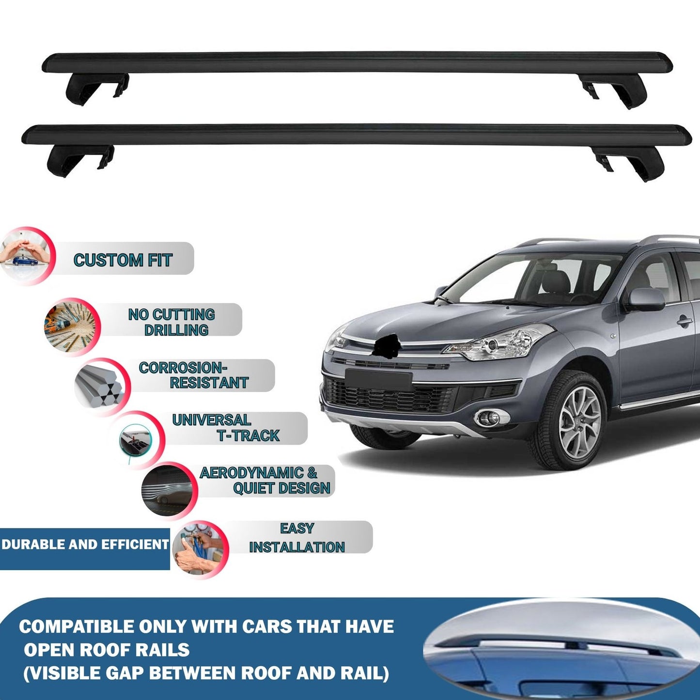 Roof Rack Cross Bars for Citroen C-Crosser 2007-2013 Rail Carrier for Roof Tents 2 Pcs Black