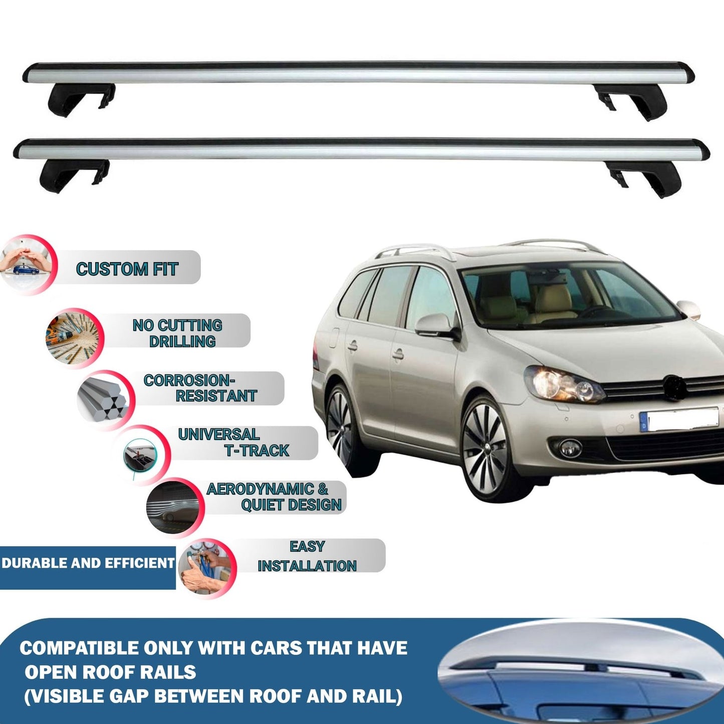 Roof Rack Cross Bars for Volkswagen Golf VI Variant 2009-2013 Rail Carrier for Roof Tents 2 Pcs Grey