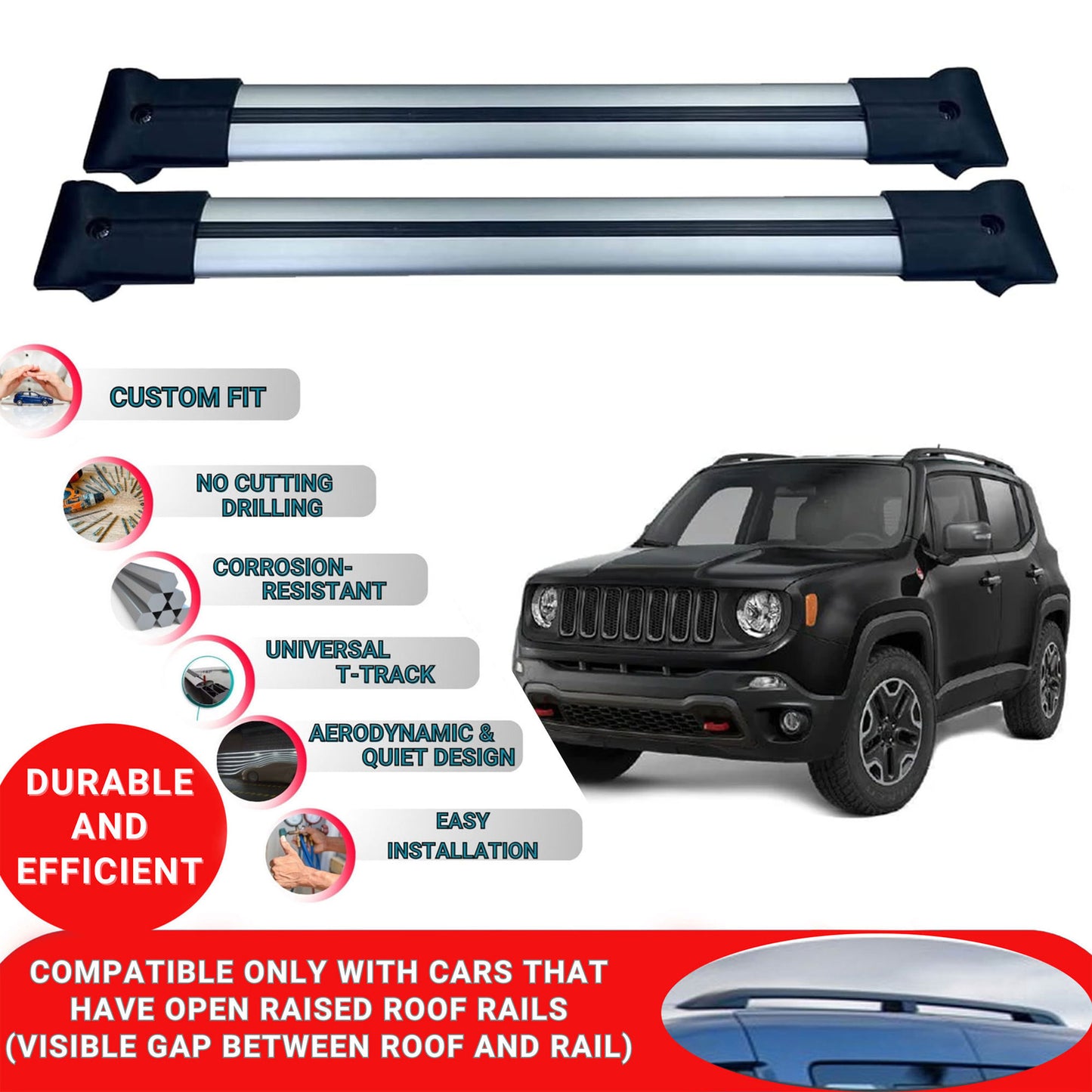 Roof Racks Cross Bars For Jeep Renegade 2014-2023 2 Pcs Grey