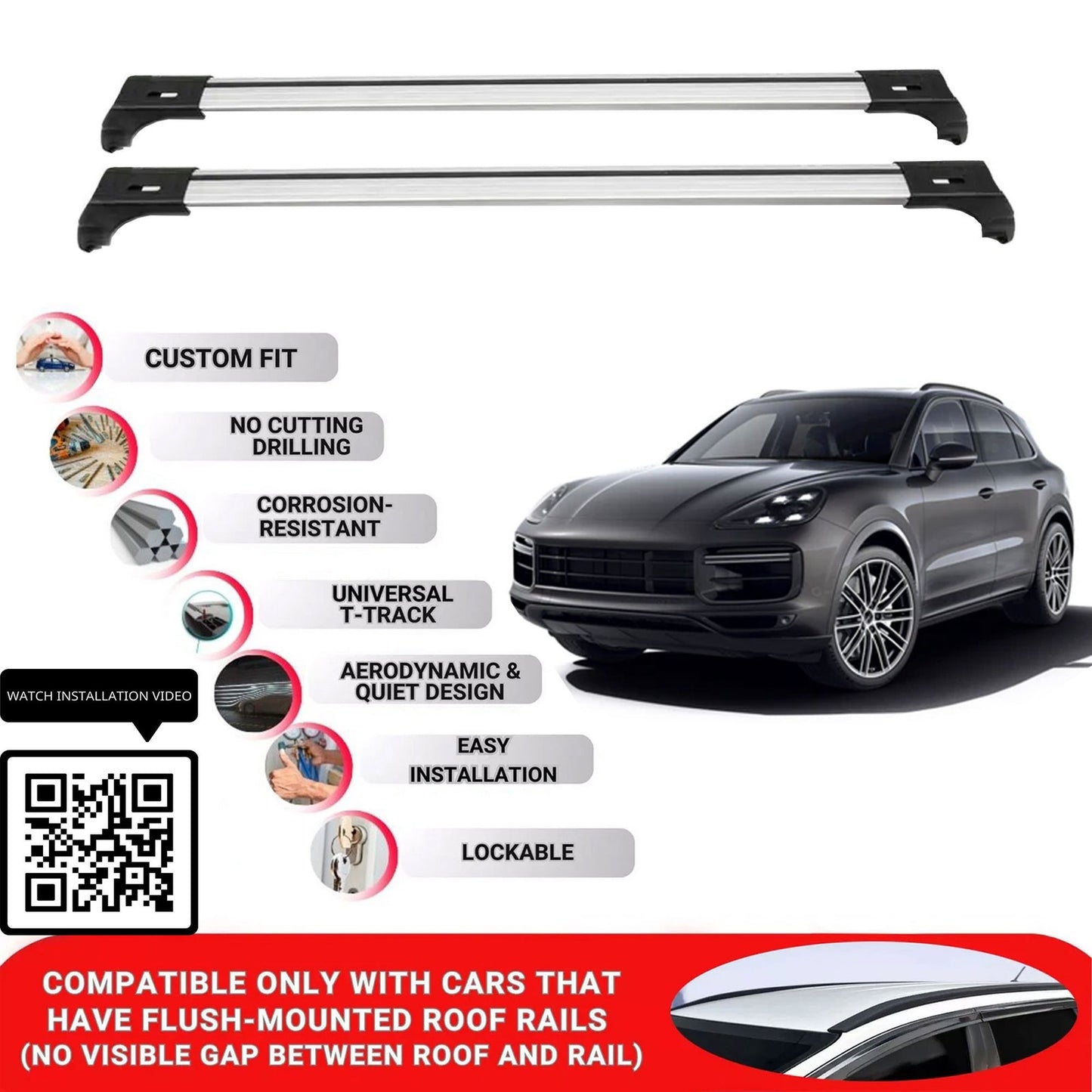 Roof Bars for Porche Cayenne 2018+ Lockable Roof Rack Cross Bars 2 Pcs Grey