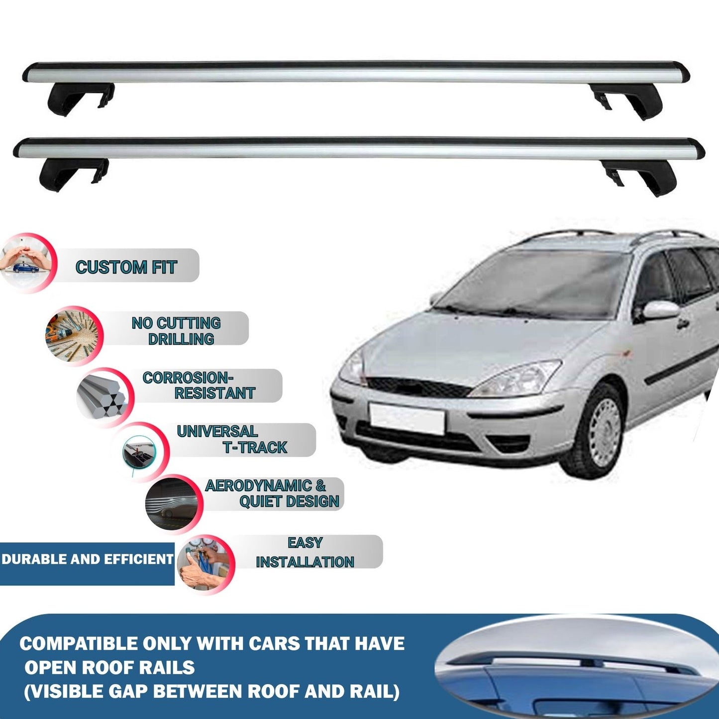 Roof Rack Cross Bars for Ford Focus Wagon 1999-2005 Rail Carrier for Roof Tents 2 Pcs Grey