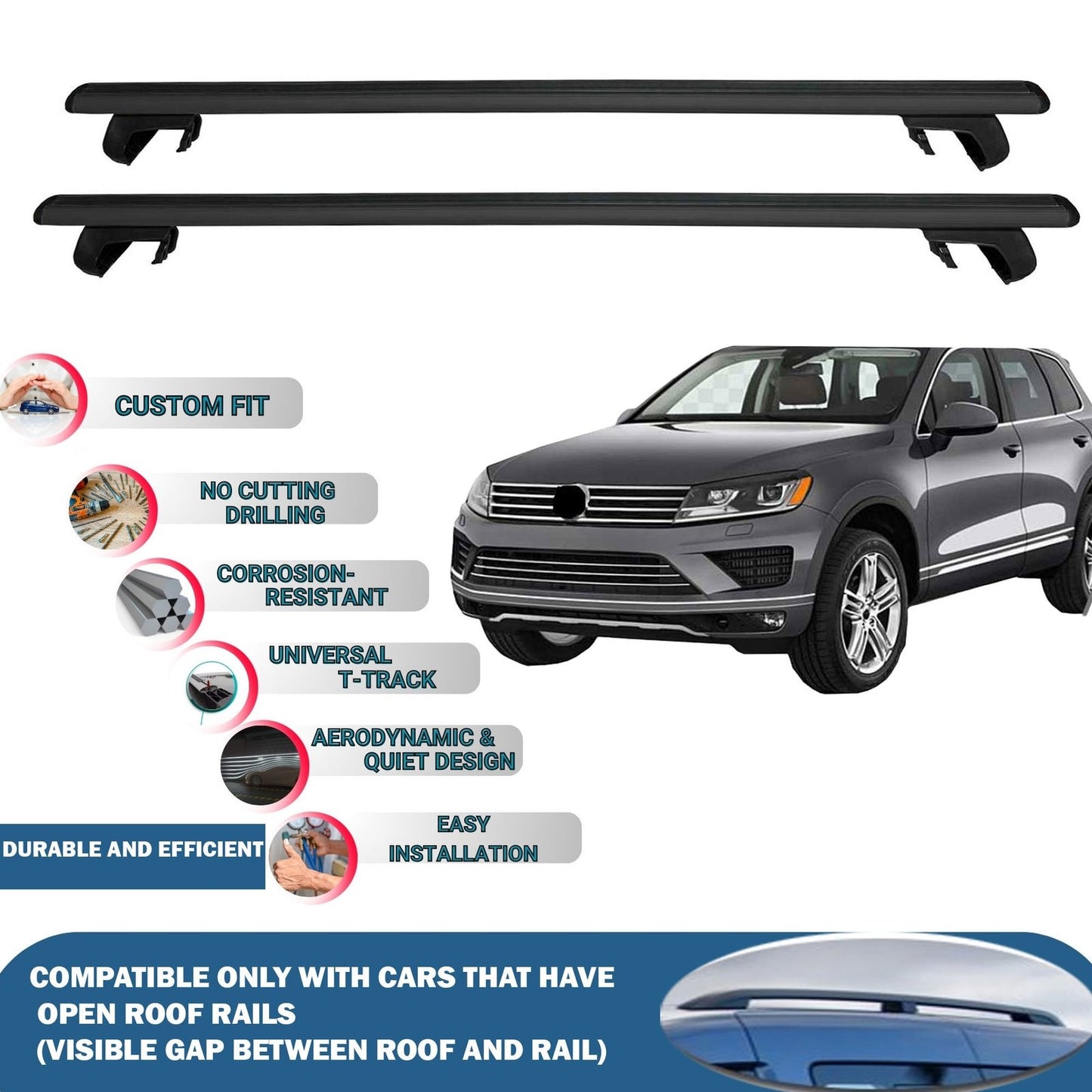 Roof Rack Cross Bars for Volkswagen Touareg 2010-2018 Rail Carrier for Roof Tents 2 Pcs Black