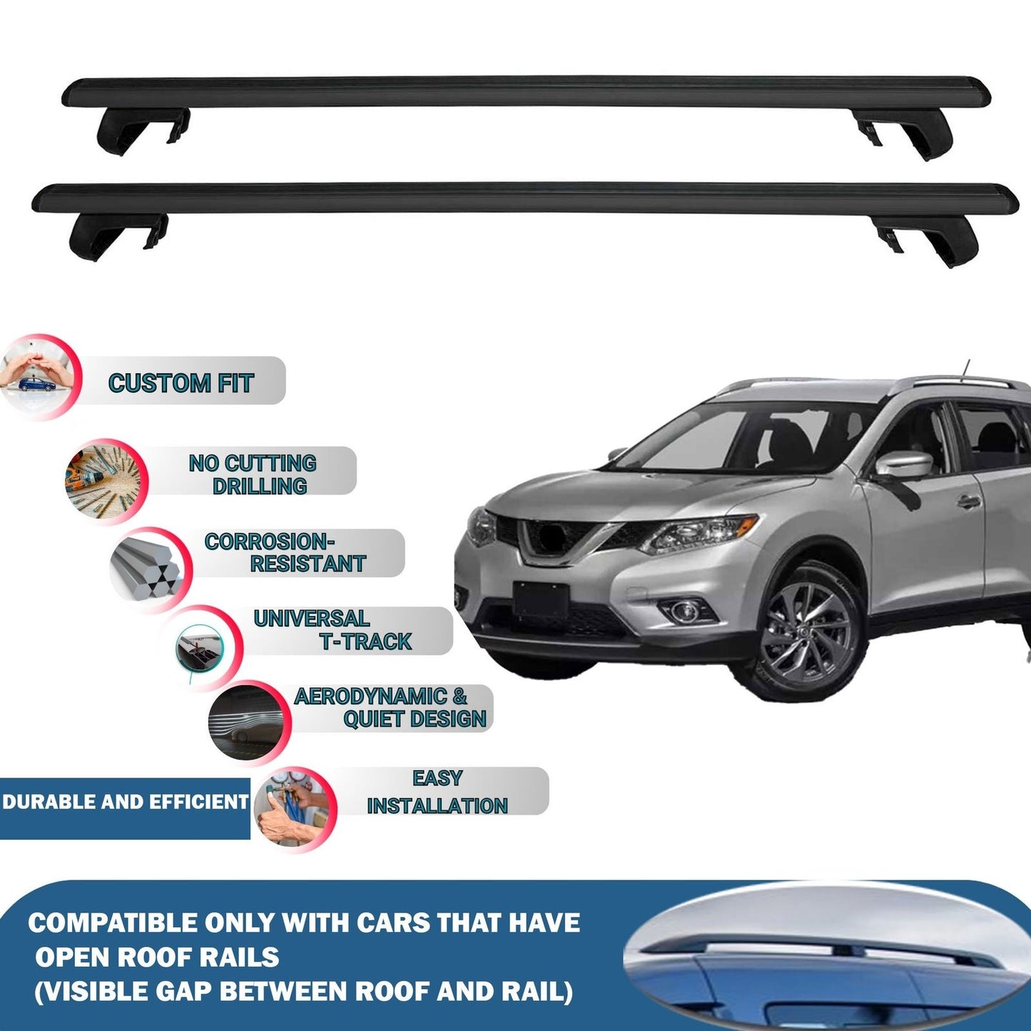 Roof Rack Cross Bars for Nissan Rougue 2014-2020 Rail Carrier for Roof Tents 2 Pcs Black