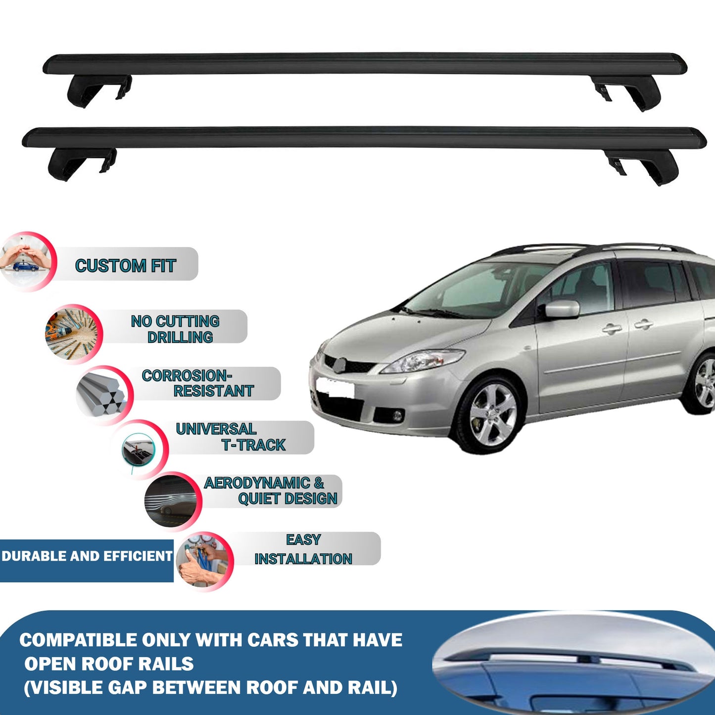 Roof Rack Cross Bars for Mazda 5 Cr Mpv 2004-2010 Rail Carrier for Roof Tents 2 Pcs Black