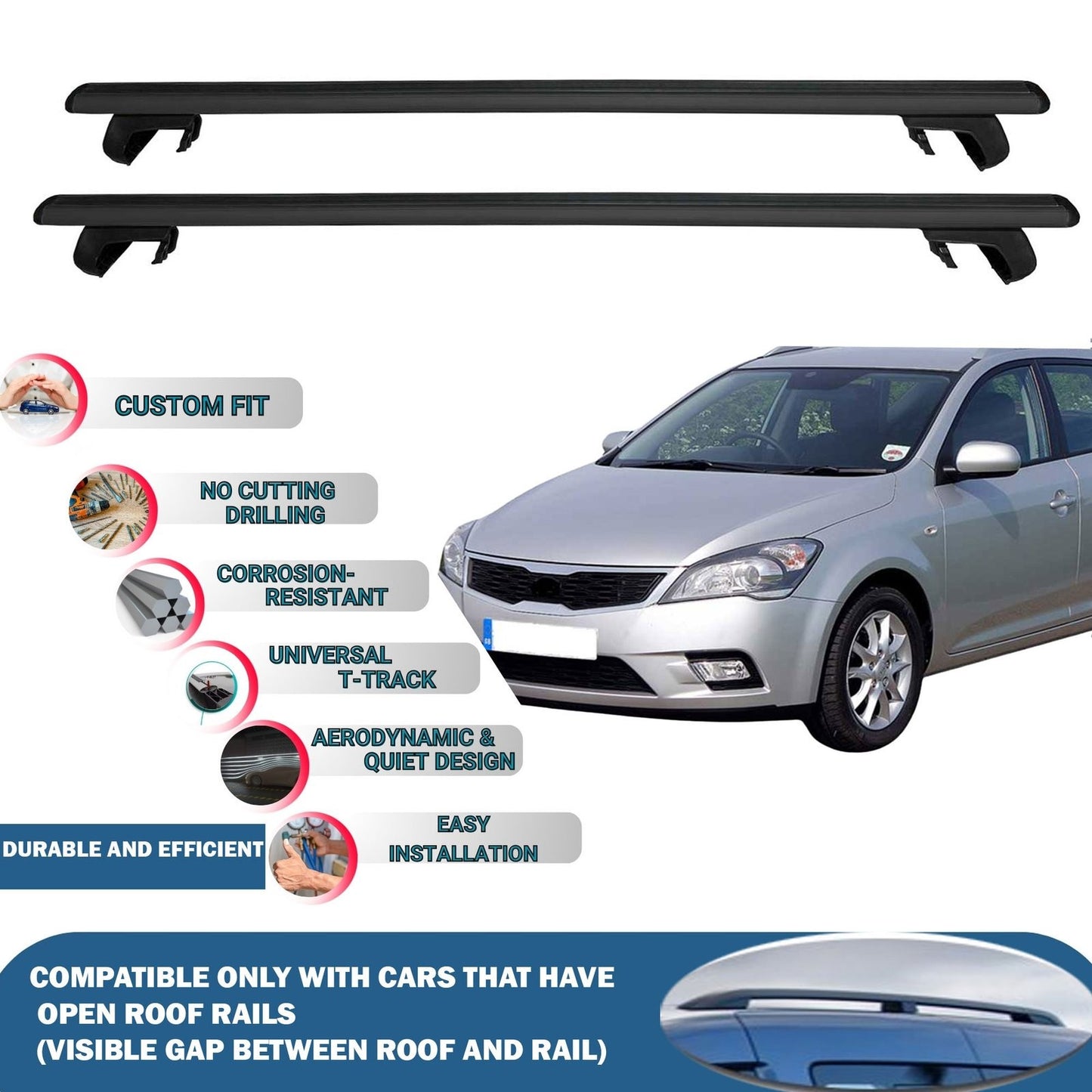 Roof Rack Cross Bars for Kia Cee'D Sporty Wagon 2007-2012 Rail Carrier for Roof Tents 2 Pcs Black