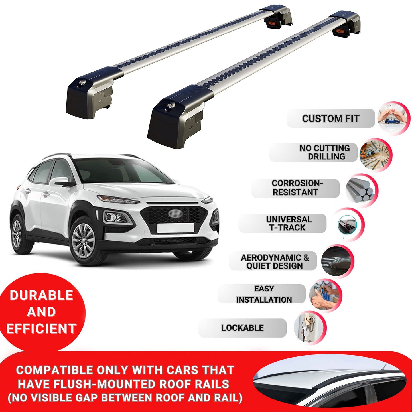 Roof Bars Rack for Hyundai Kona 2017-2022 Lockable Rail Carrier 2 Pcs Grey
